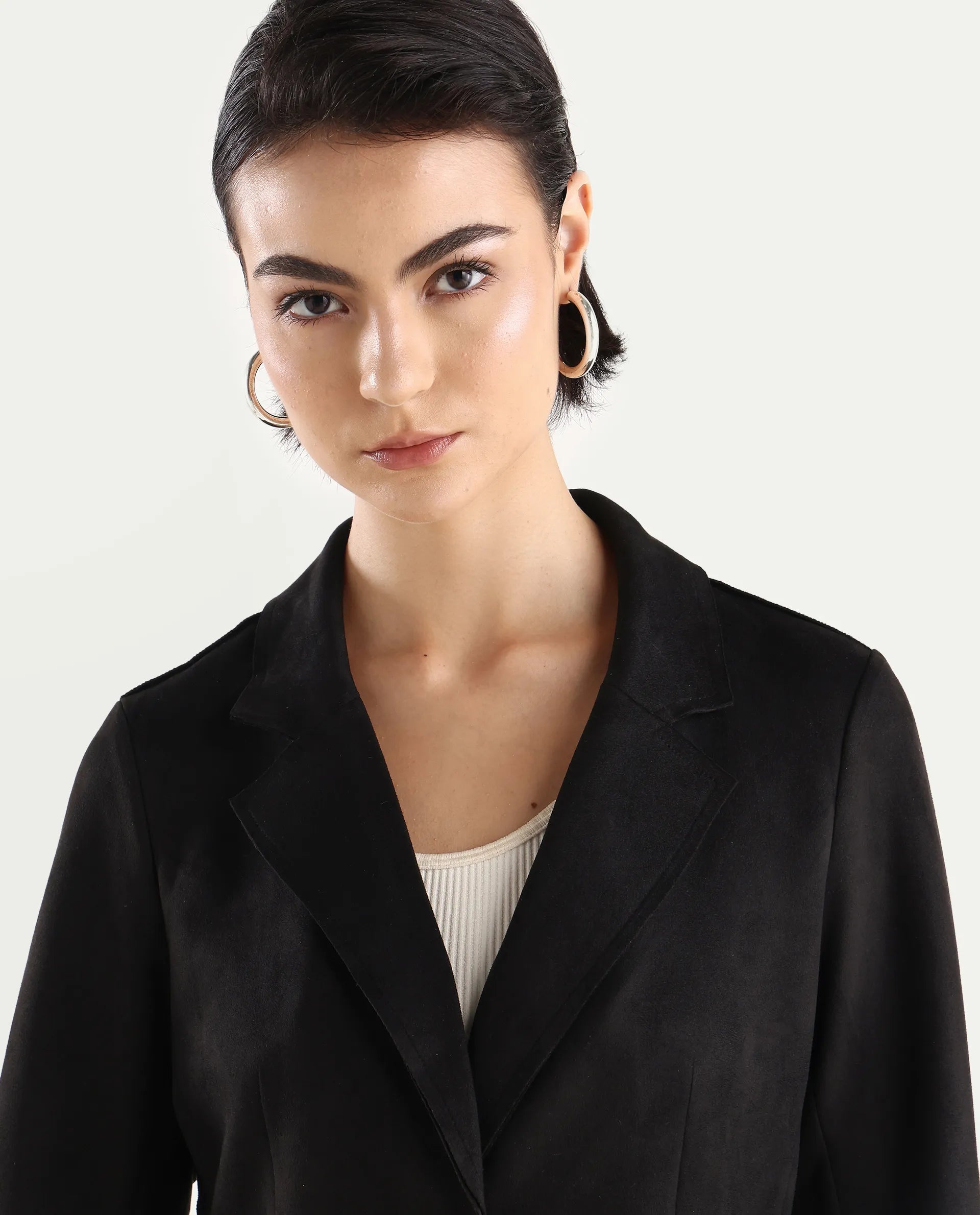 Rareism Women's Gawler Black Suede Lapel Neck Plain Midi Regular Fit Jacket
