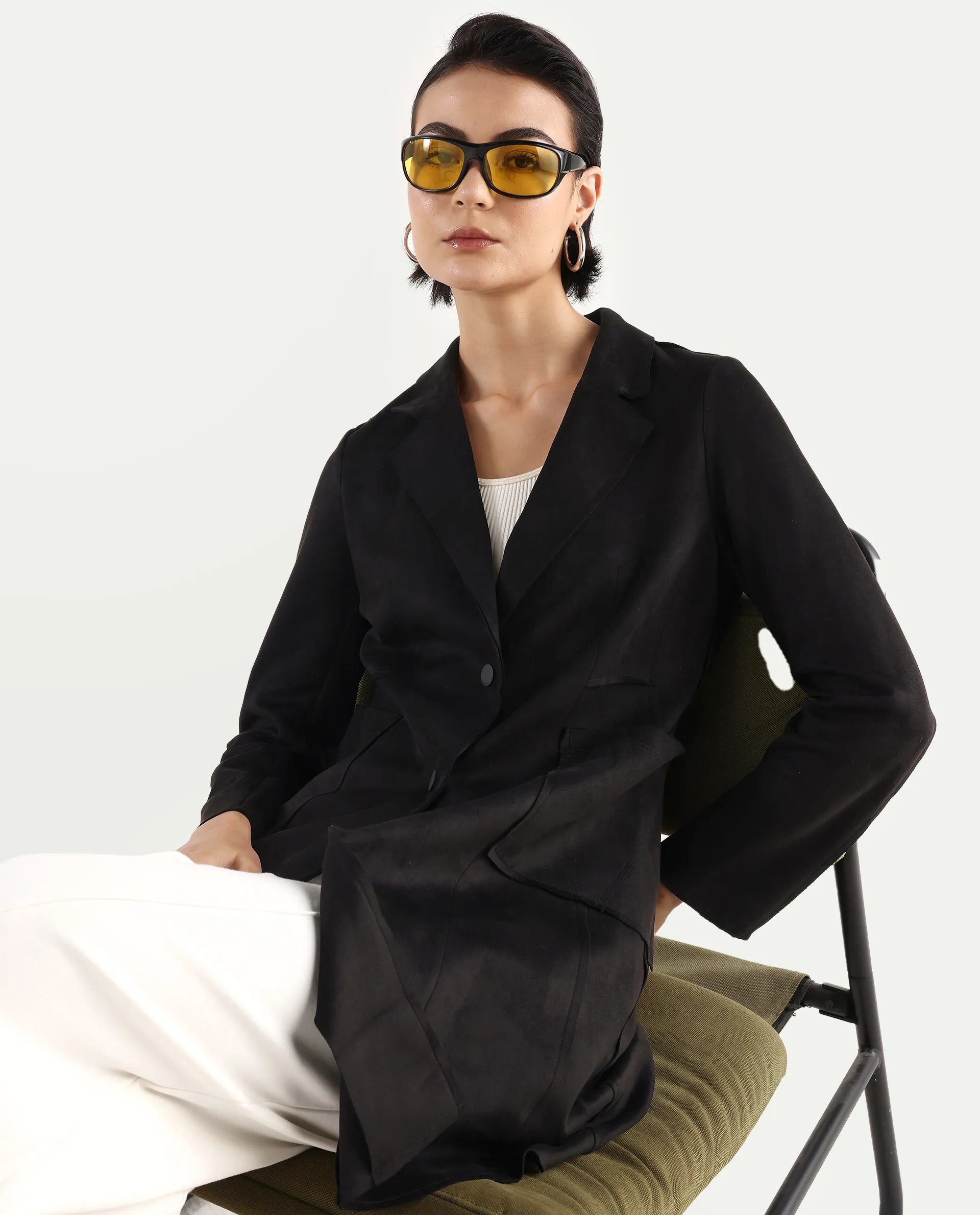 Rareism Women's Gawler Black Suede Lapel Neck Plain Midi Regular Fit Jacket