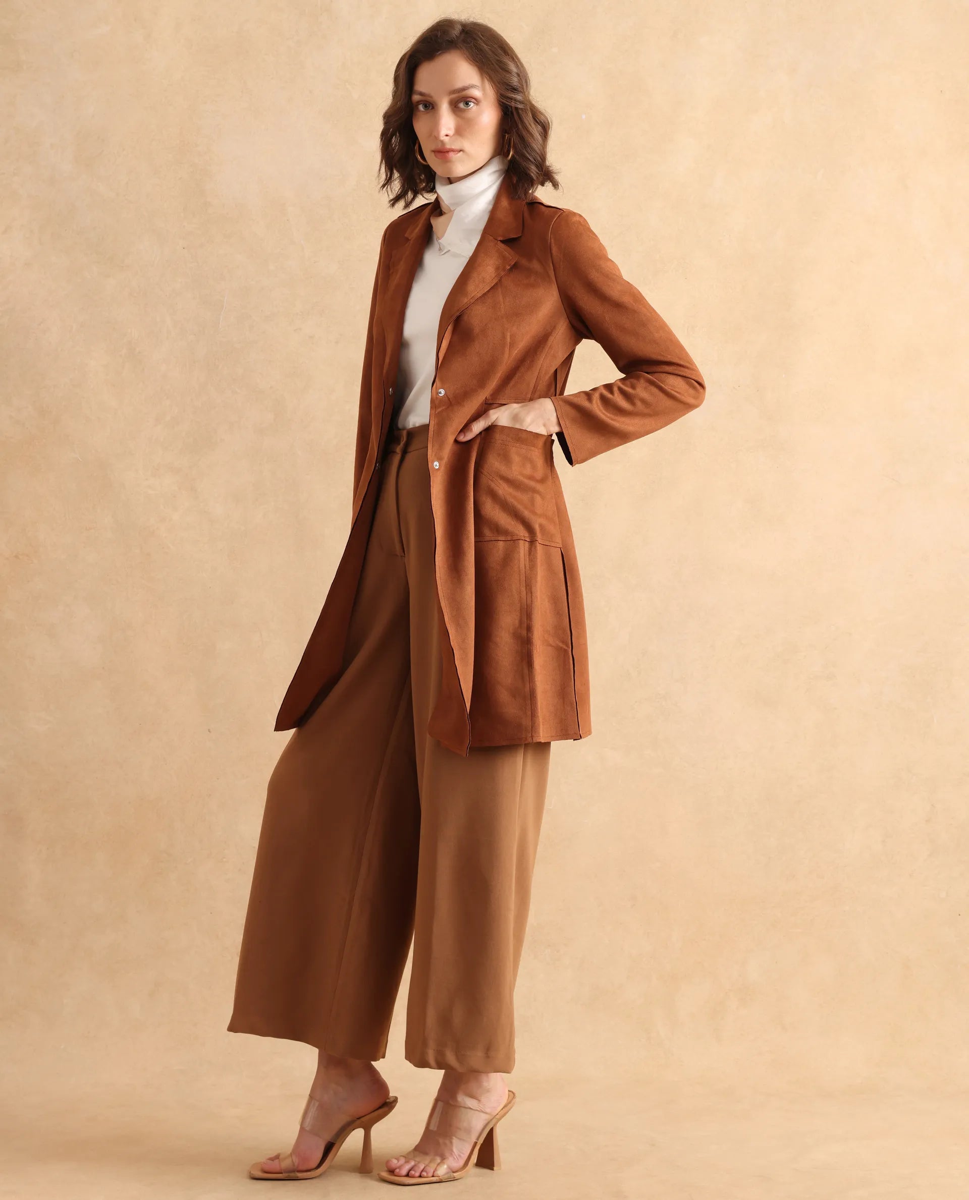 Rareism Women Gawler Tan Suede Full Sleeve Lapel Neck Button Closure Plain Jacket