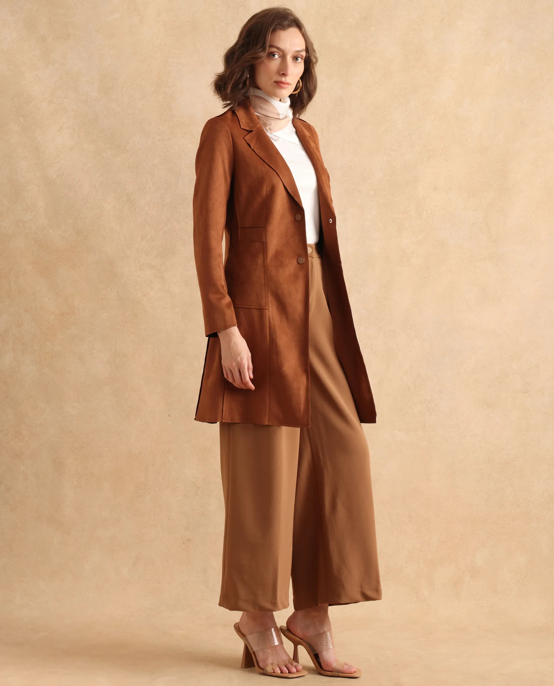 Rareism Women Gawler Tan Suede Full Sleeve Lapel Neck Button Closure Plain Jacket