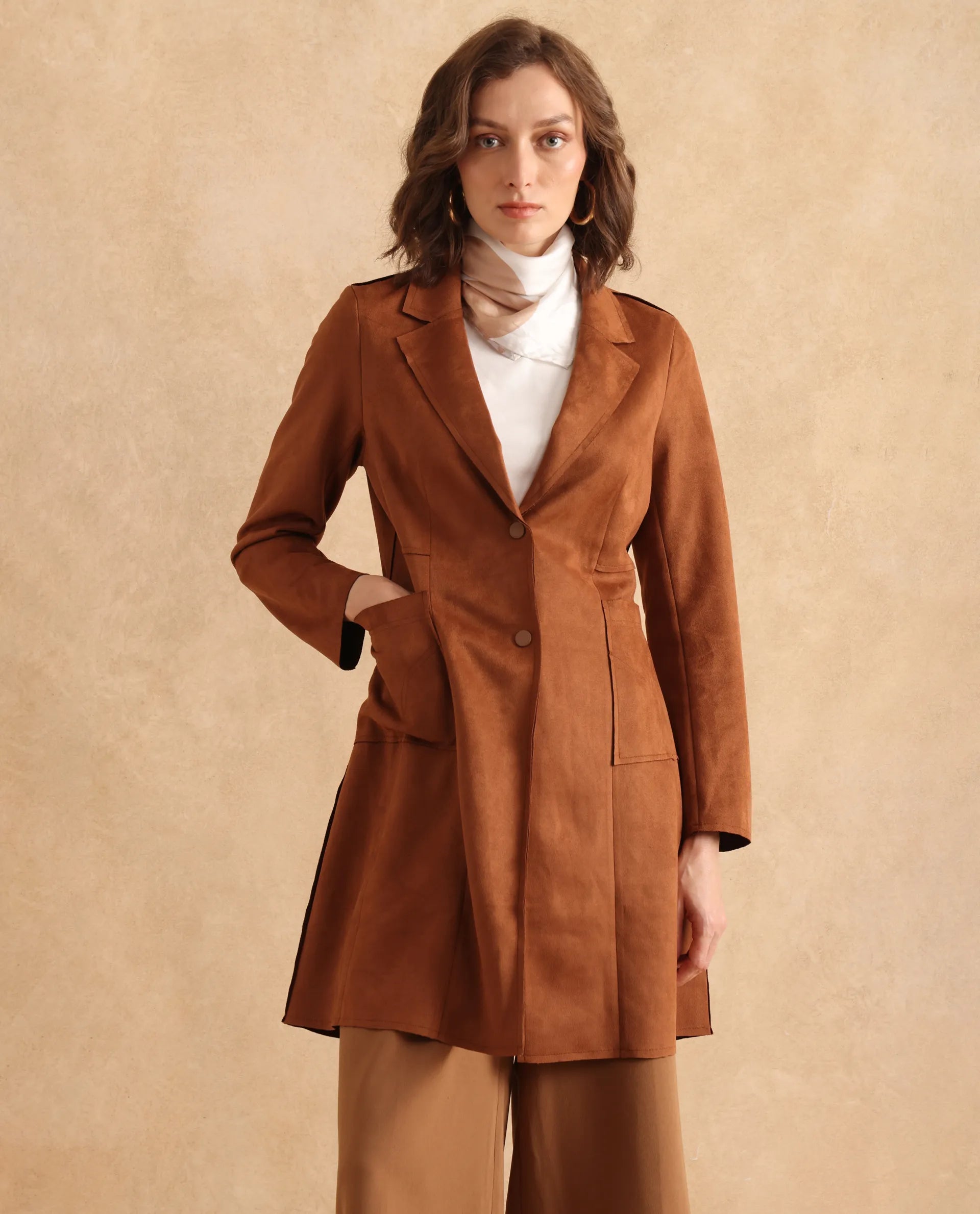 Rareism Women Gawler Tan Suede Full Sleeve Lapel Neck Button Closure Plain Jacket