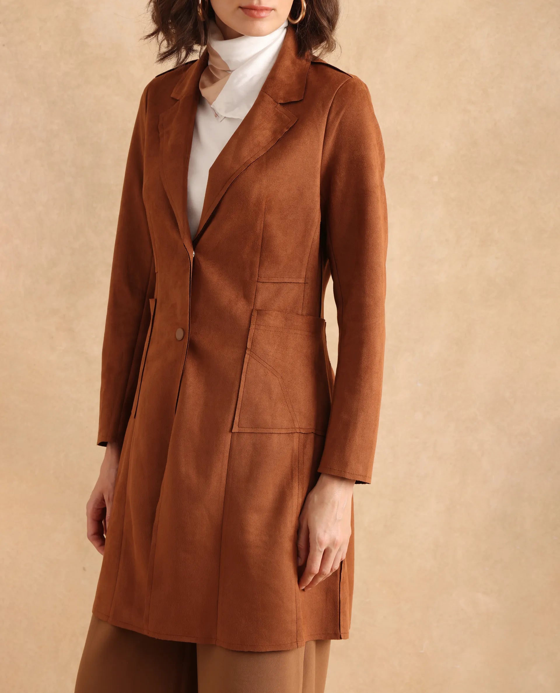 Rareism Women Gawler Tan Suede Full Sleeve Lapel Neck Button Closure Plain Jacket