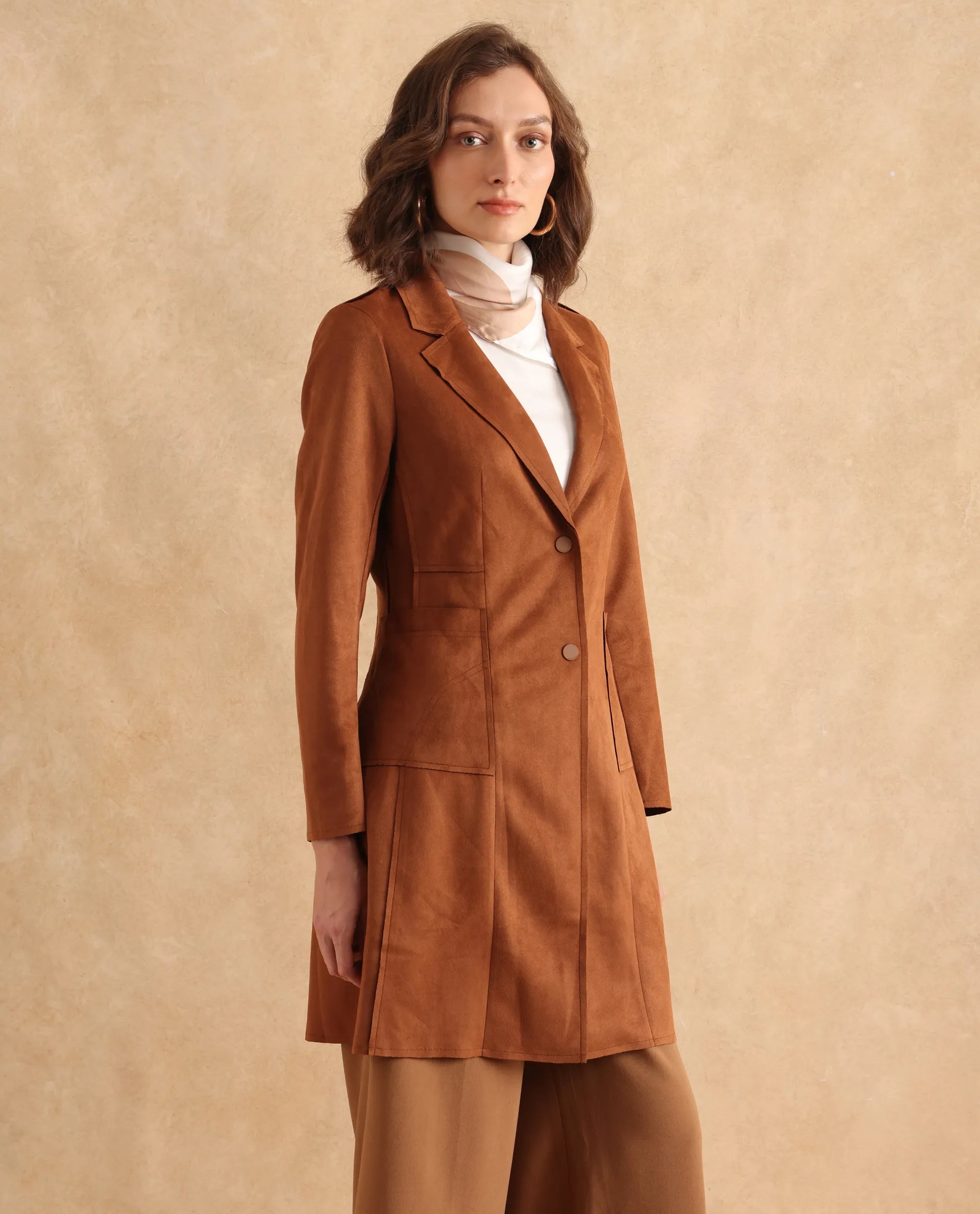 Rareism Women Gawler Tan Suede Full Sleeve Lapel Neck Button Closure Plain Jacket