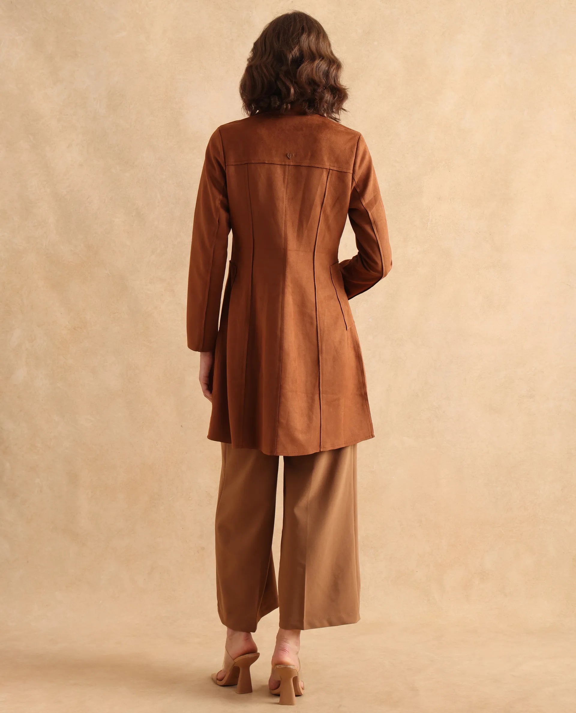 Rareism Women Gawler Tan Suede Full Sleeve Lapel Neck Button Closure Plain Jacket