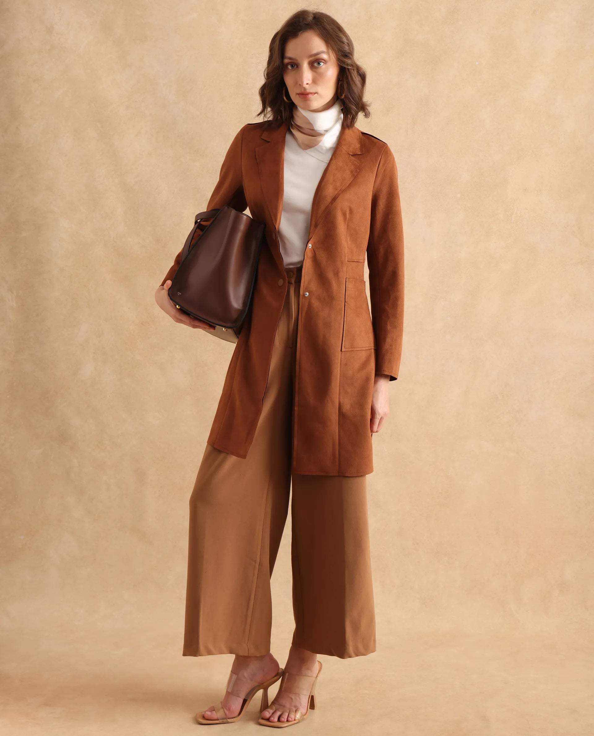 Rareism Women Gawler Tan Suede Full Sleeve Lapel Neck Button Closure Plain Jacket