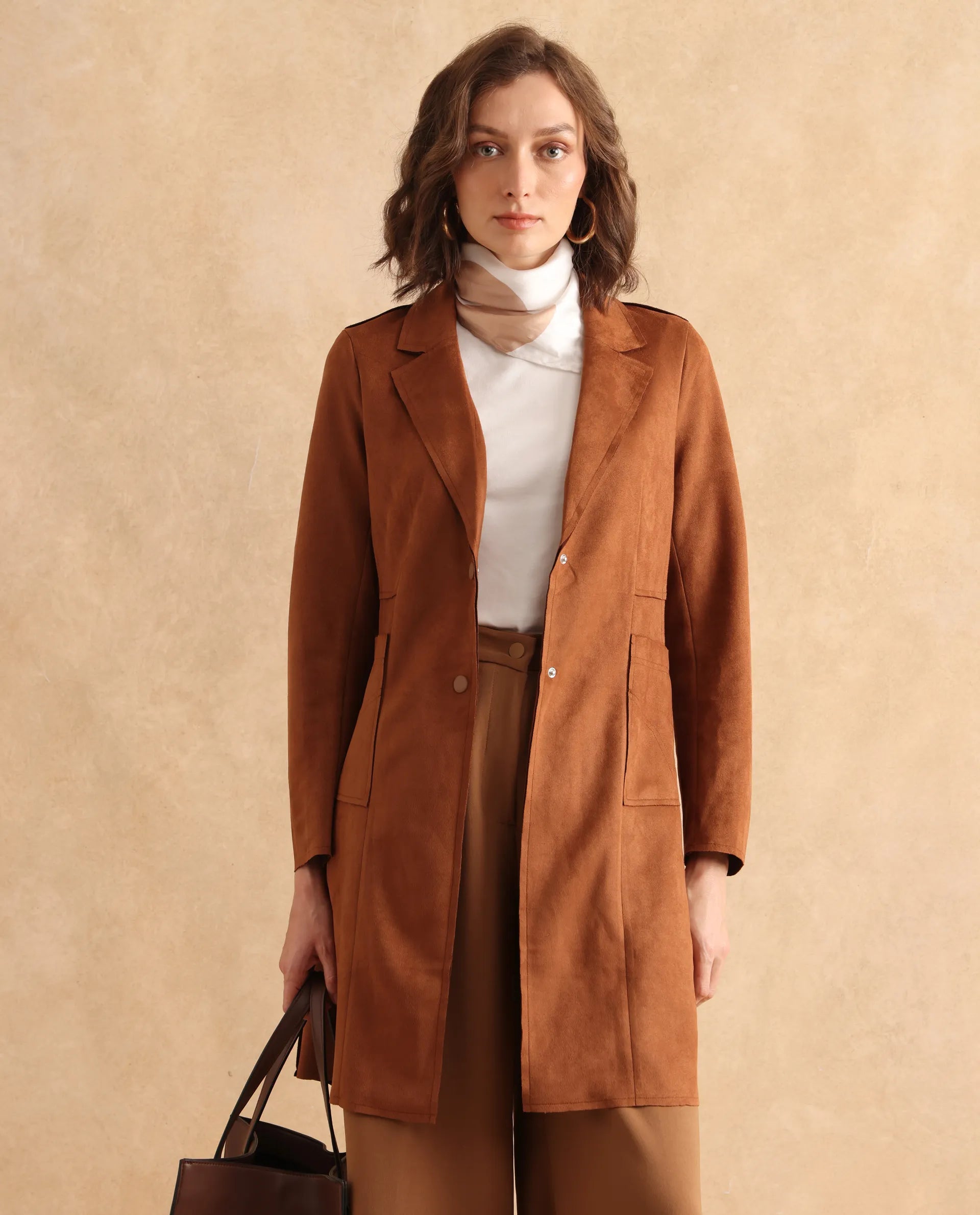 Rareism Women Gawler Tan Suede Full Sleeve Lapel Neck Button Closure Plain Jacket