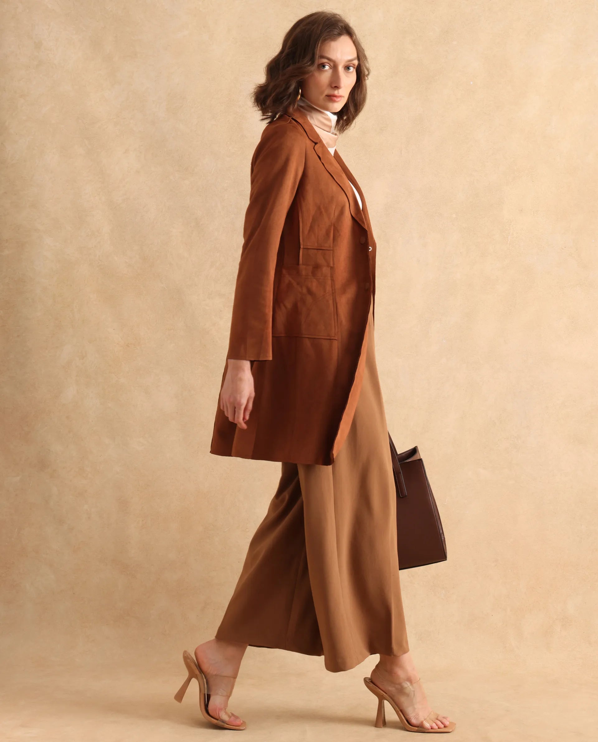 Rareism Women Gawler Tan Suede Full Sleeve Lapel Neck Button Closure Plain Jacket