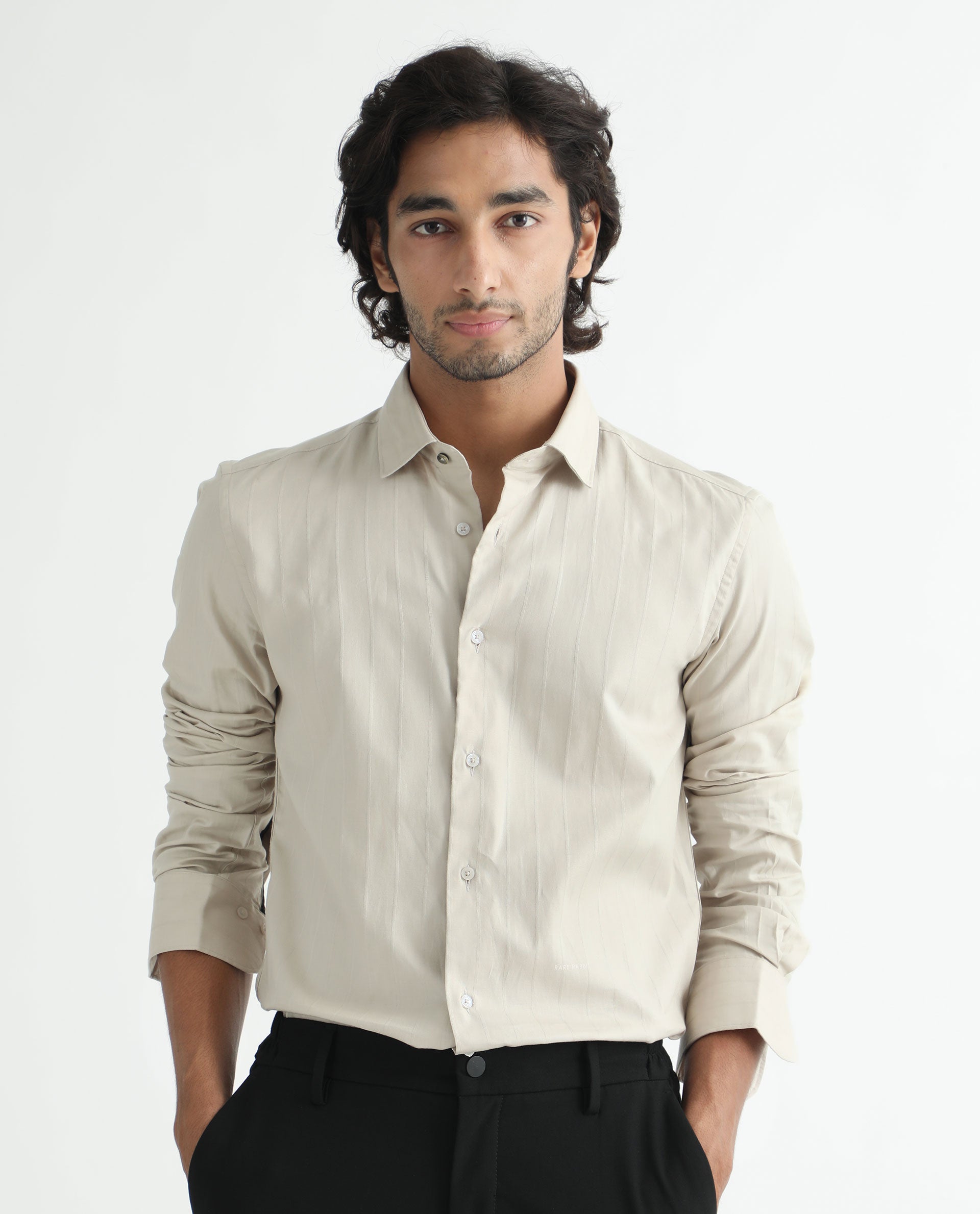 Rare Rabbit Men's Gazan Beige Cotton Fabric Full Sleeves Dobby Self Striped Shirt