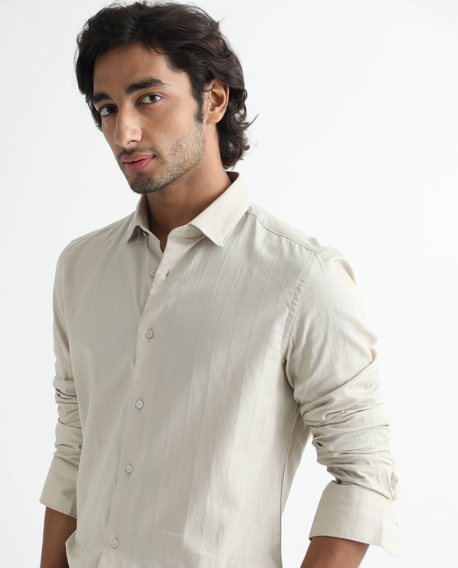 Rare Rabbit Men's Gazan Beige Cotton Fabric Full Sleeves Dobby Self Striped Shirt