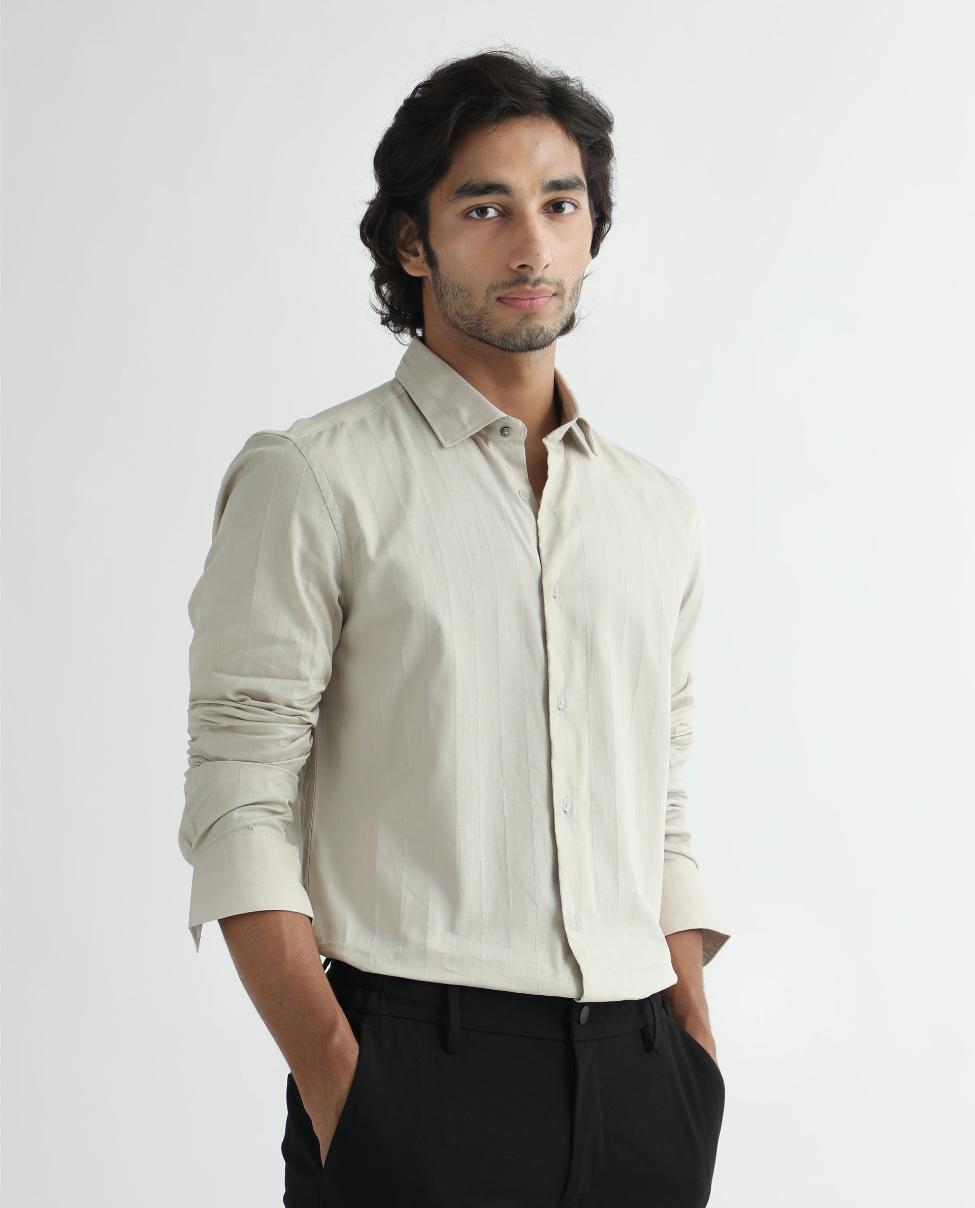 Rare Rabbit Men's Gazan Beige Cotton Fabric Full Sleeves Dobby Self Striped Shirt