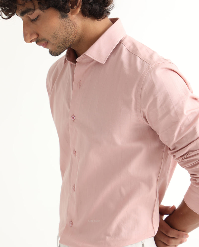 Rare Rabbit Men's Gazan Dusky Pink Cotton Fabric Full Sleeves Dobby Self Striped Shirt