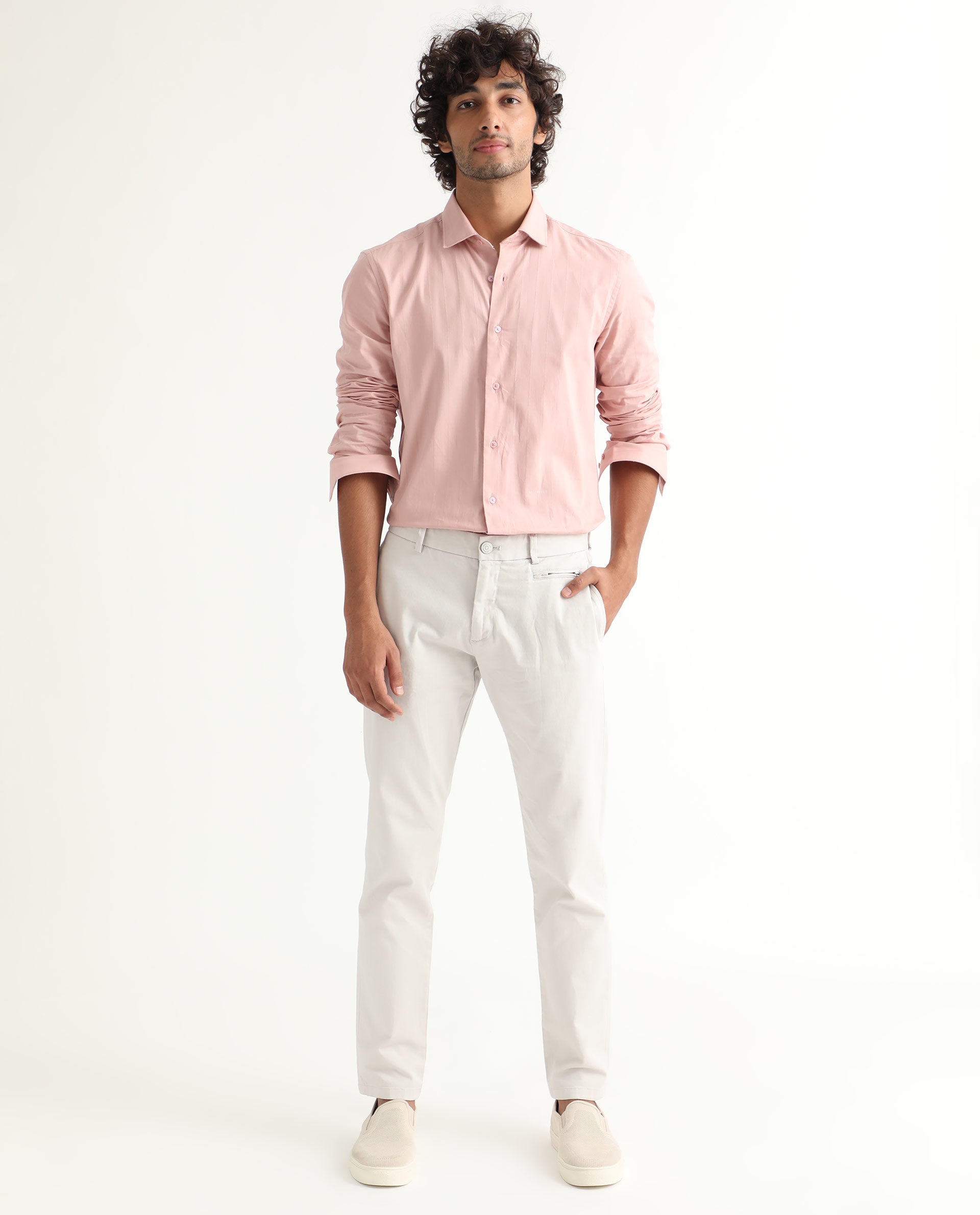 Rare Rabbit Men's Gazan Dusky Pink Cotton Fabric Full Sleeves Dobby Self Striped Shirt