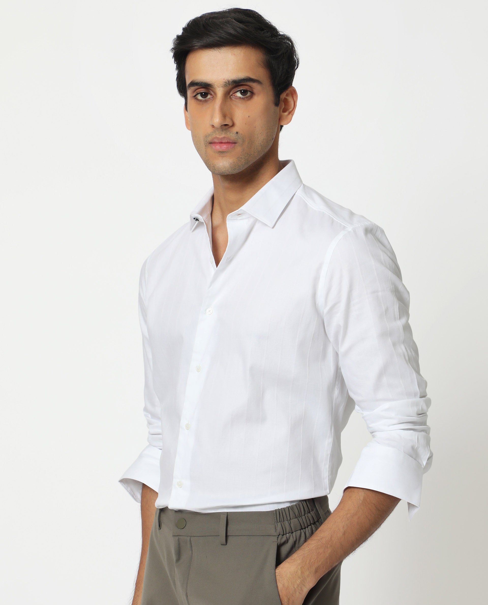 Rare Rabbit Mens Gazan White Cotton Fabric Full Sleeves Regular Fit Dobby Self Stripe Shirt