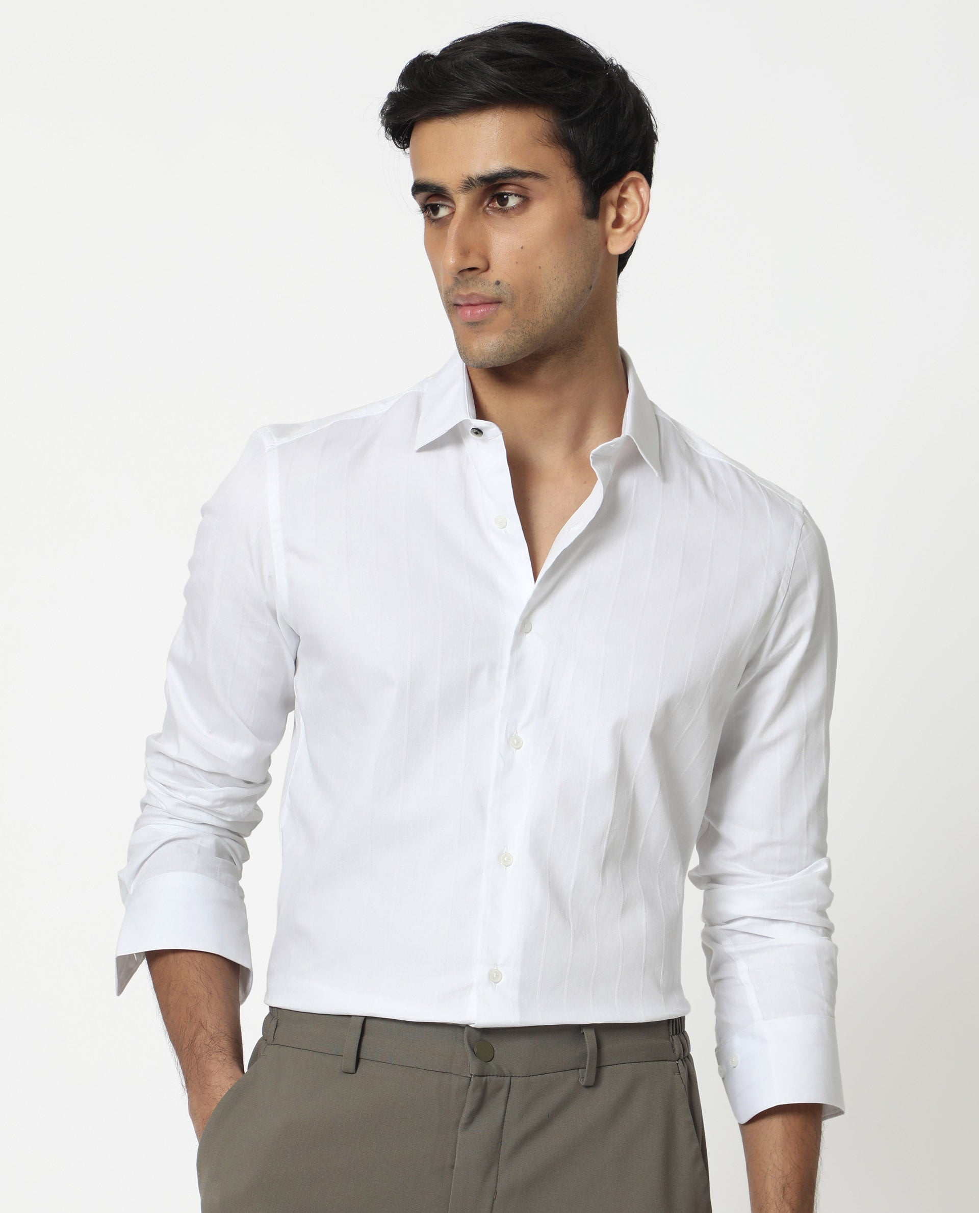 Rare Rabbit Mens Gazan White Cotton Fabric Full Sleeves Regular Fit Dobby Self Stripe Shirt