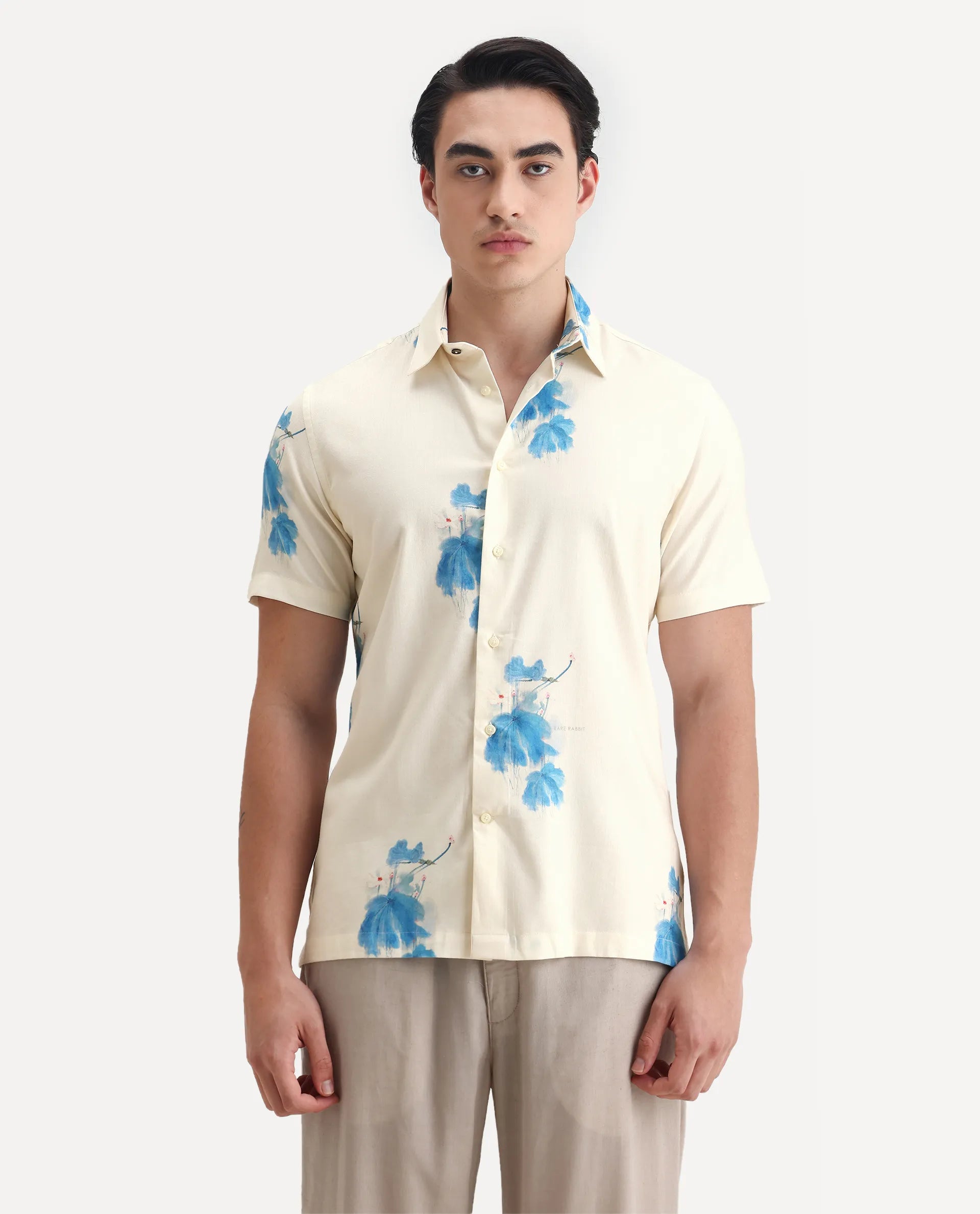 Rare Rabbit Men's Gazar Off White Viscose Blend Floral Print Regular Fit Half Sleeve Collared Shirt
