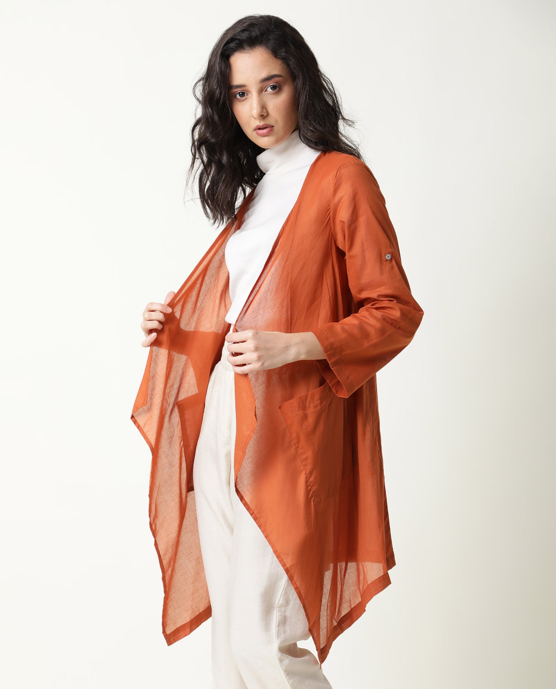 Rareism Women Gazer Dark Brown Cotton Fabric Regular Fit Knee Length Solid Collarless Outer Wear