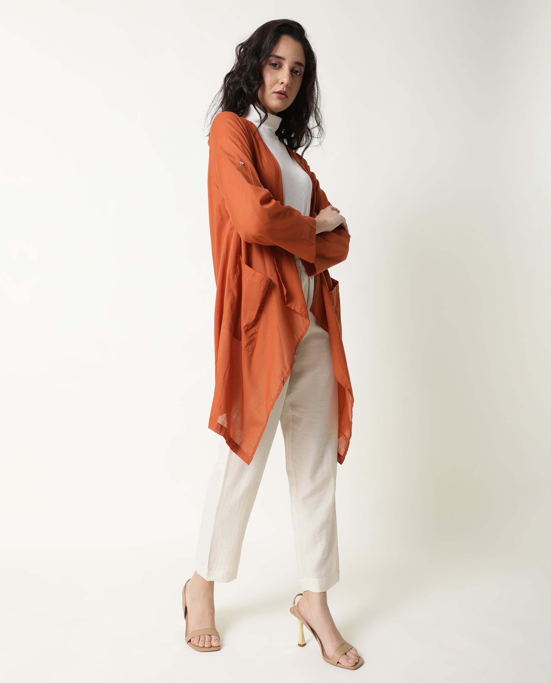 Rareism Women Gazer Dark Brown Cotton Fabric Regular Fit Knee Length Solid Collarless Outer Wear