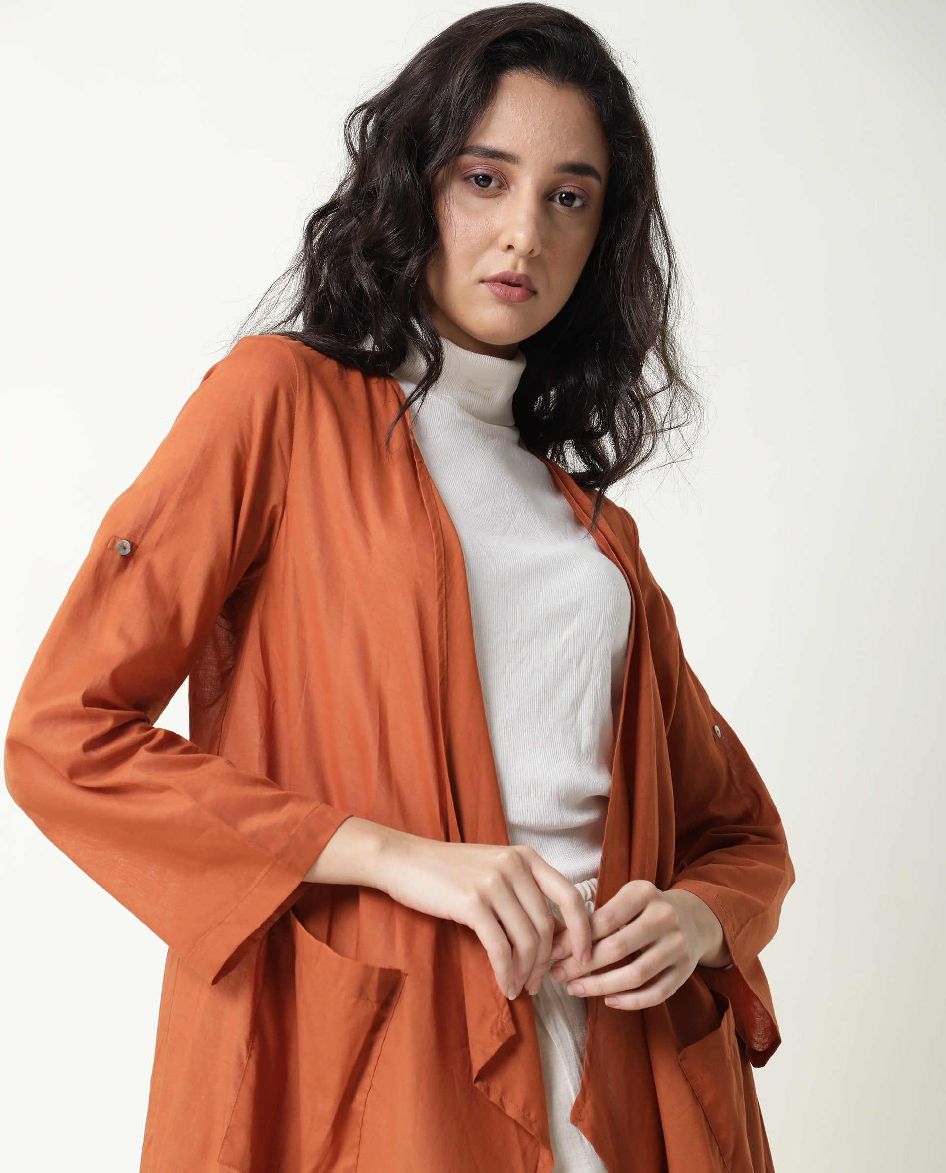 Rareism Women Gazer Dark Brown Cotton Fabric Regular Fit Knee Length Solid Collarless Outer Wear