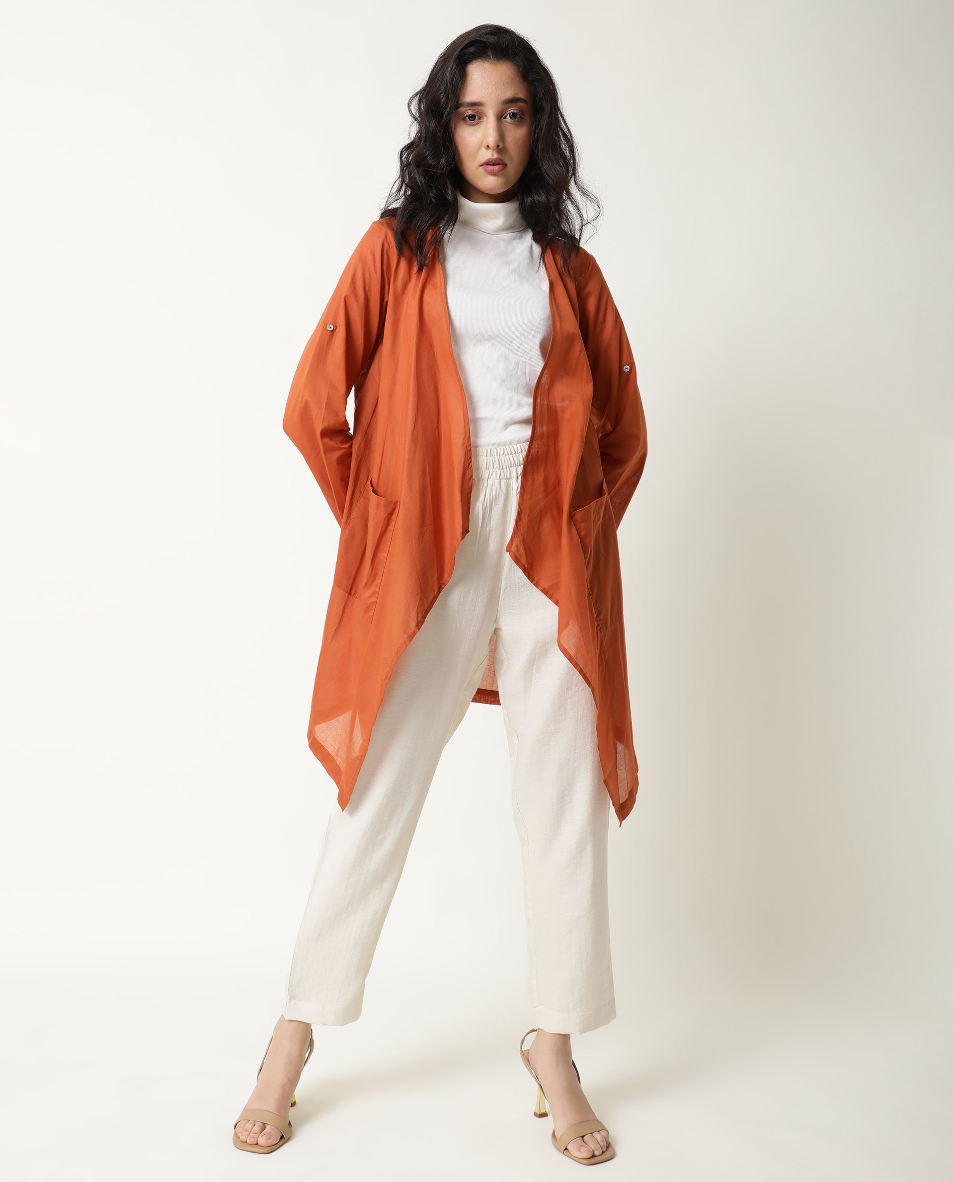 Rareism Women Gazer Dark Brown Cotton Fabric Regular Fit Knee Length Solid Collarless Outer Wear