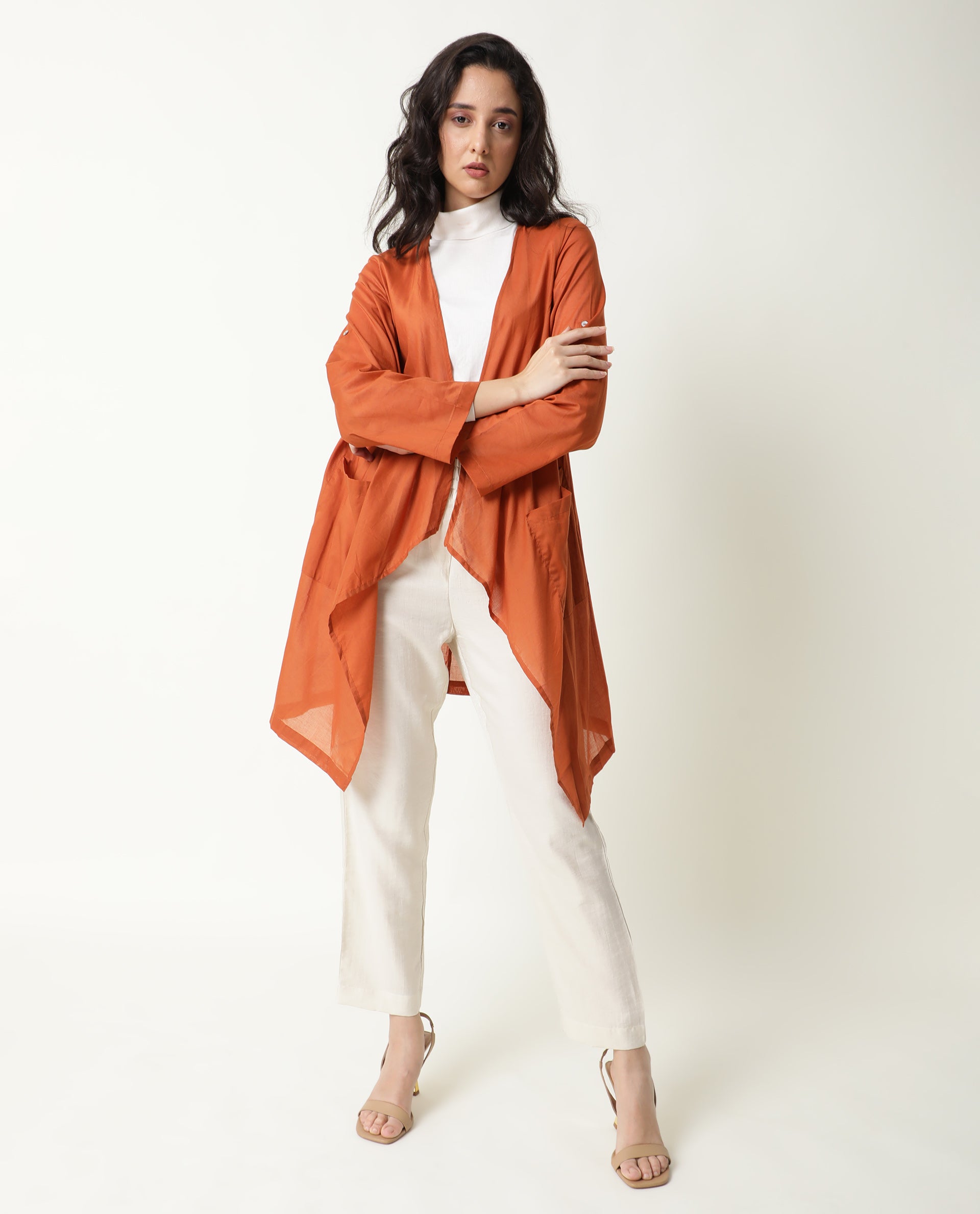 Rareism Women Gazer Dark Brown Cotton Fabric Regular Fit Knee Length Solid Collarless Outer Wear