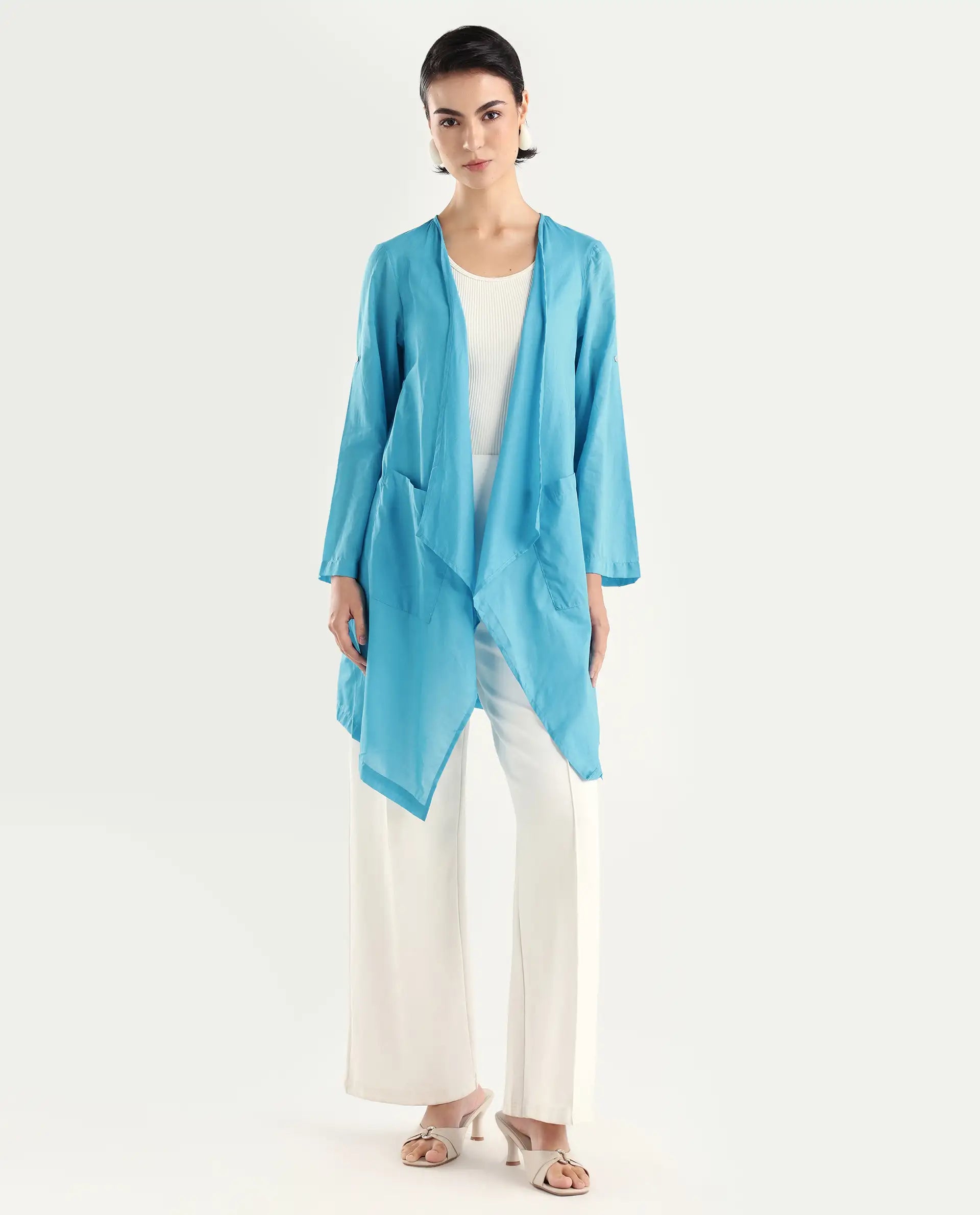 Rareism Women's Gazer Blue Cotton Collarless Regular Fit Outer Wear