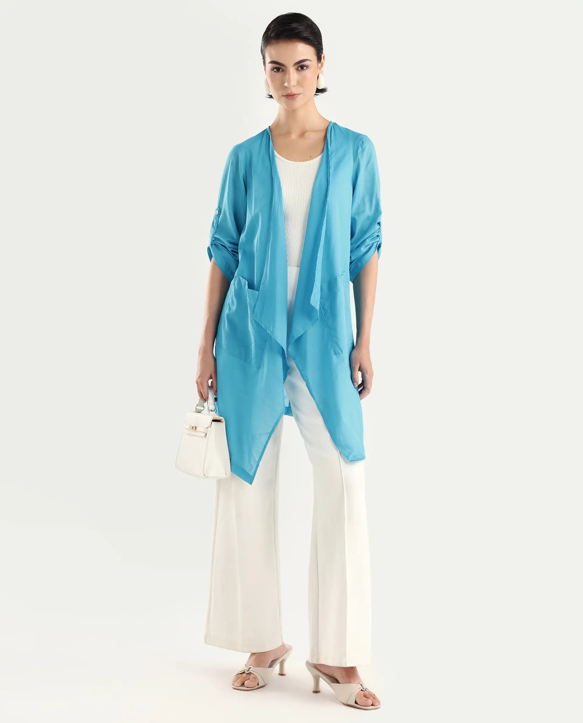 Rareism Women's Gazer Blue Cotton Collarless Regular Fit Outer Wear