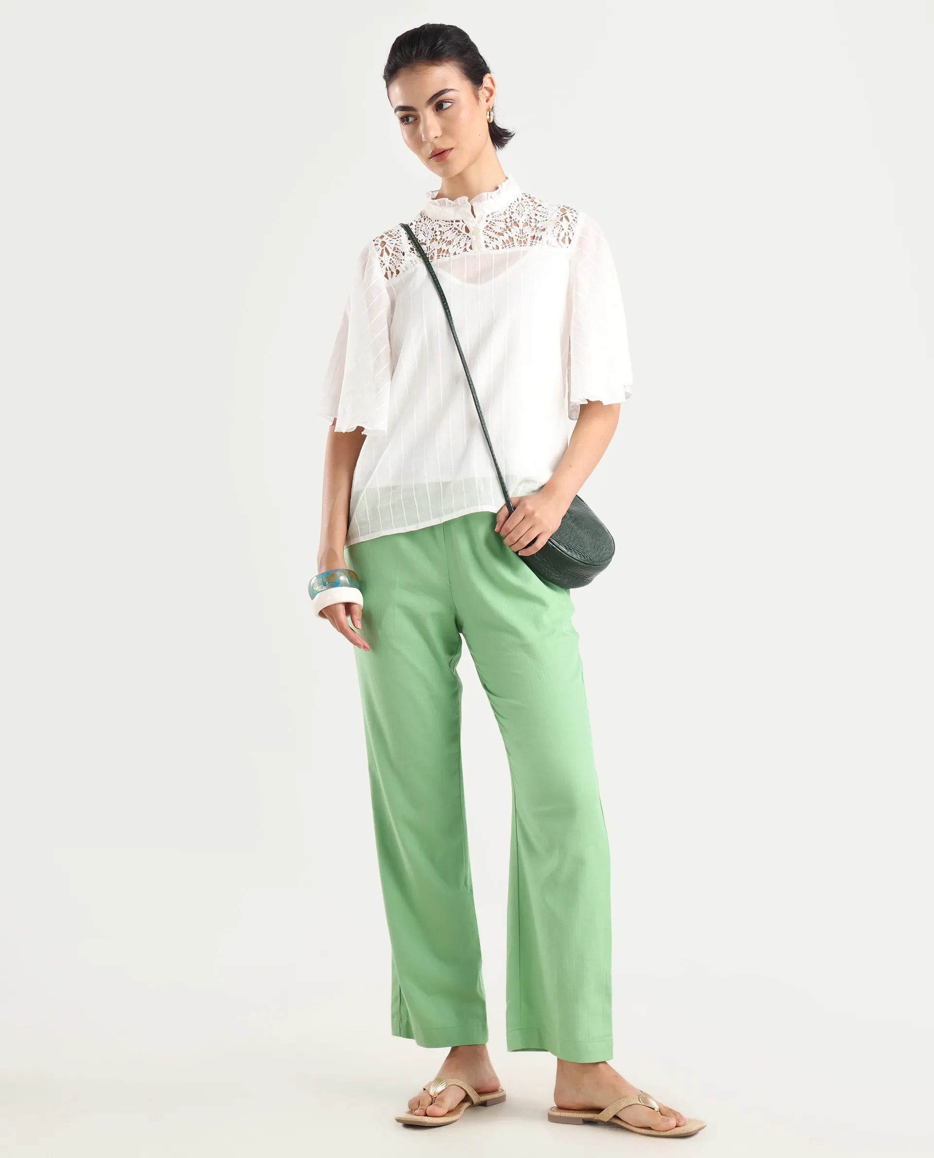 Rareism Women's Ged Green Cotton Abstract Print Ankle Length Straight Fit Trouser