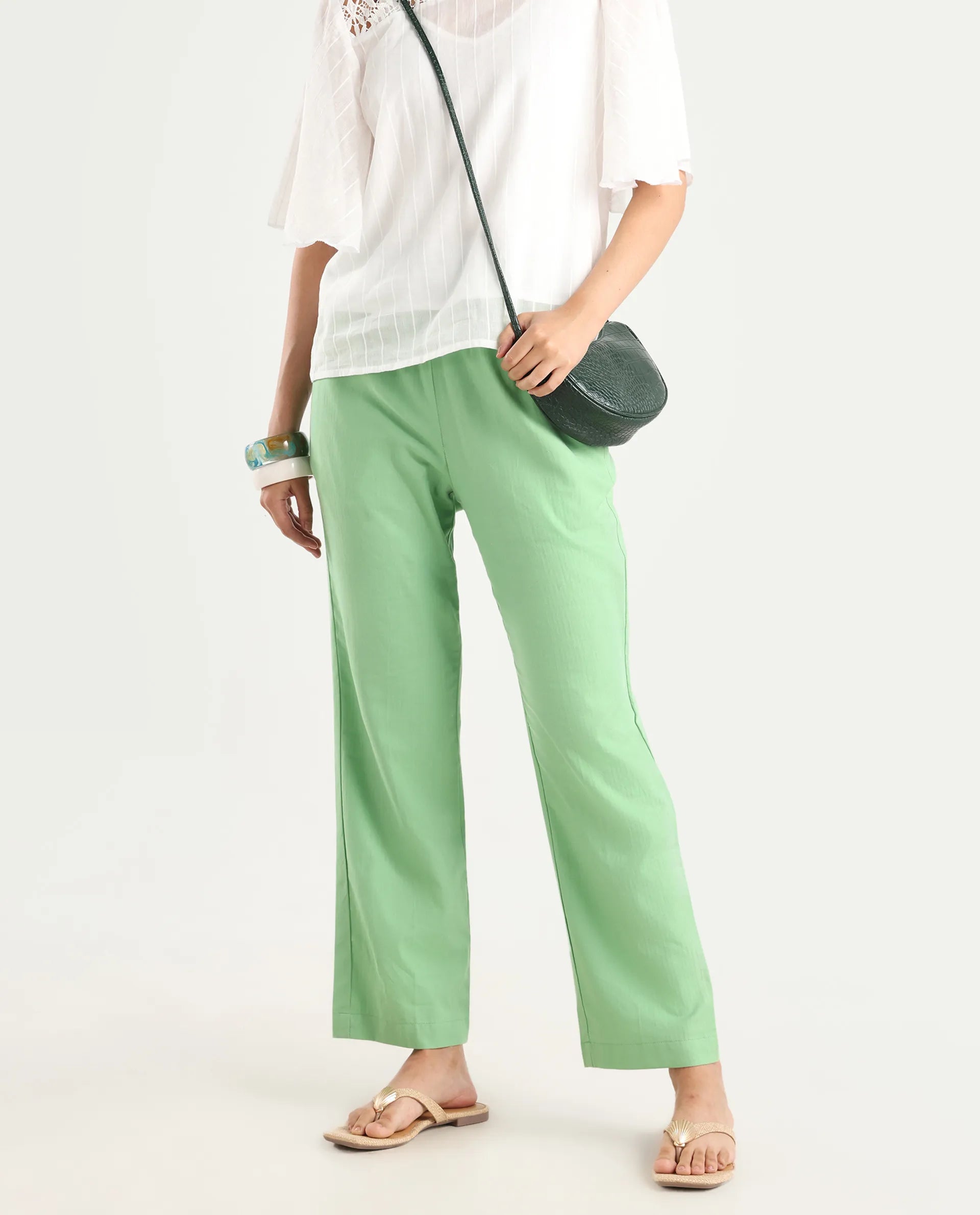 Rareism Women's Ged Green Cotton Abstract Print Ankle Length Straight Fit Trouser