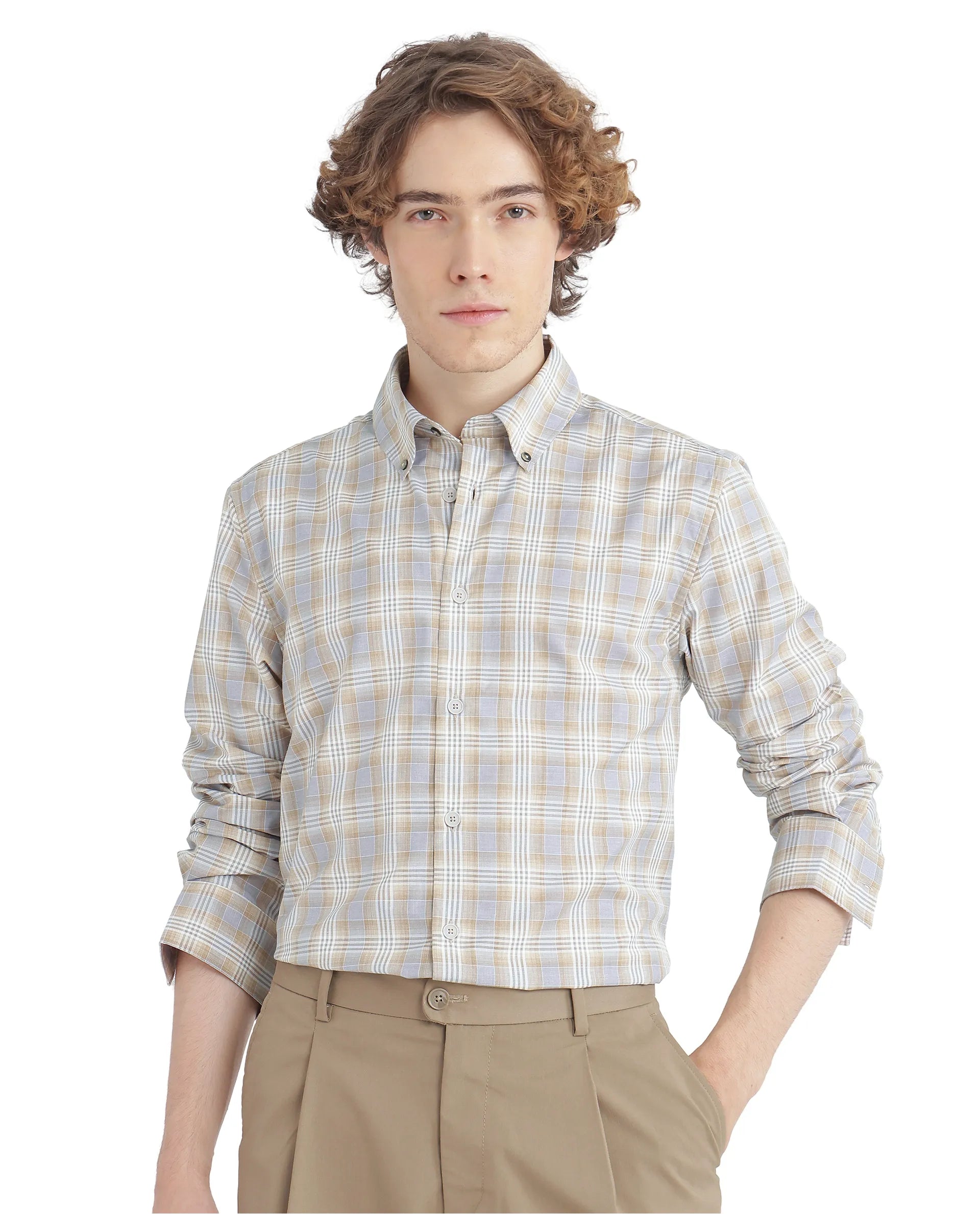 Rare Rabbit Men's Geko Pastel Mustard Cotton Fabric Full Sleeve Button Down Collar Button Closure Checked Shirt