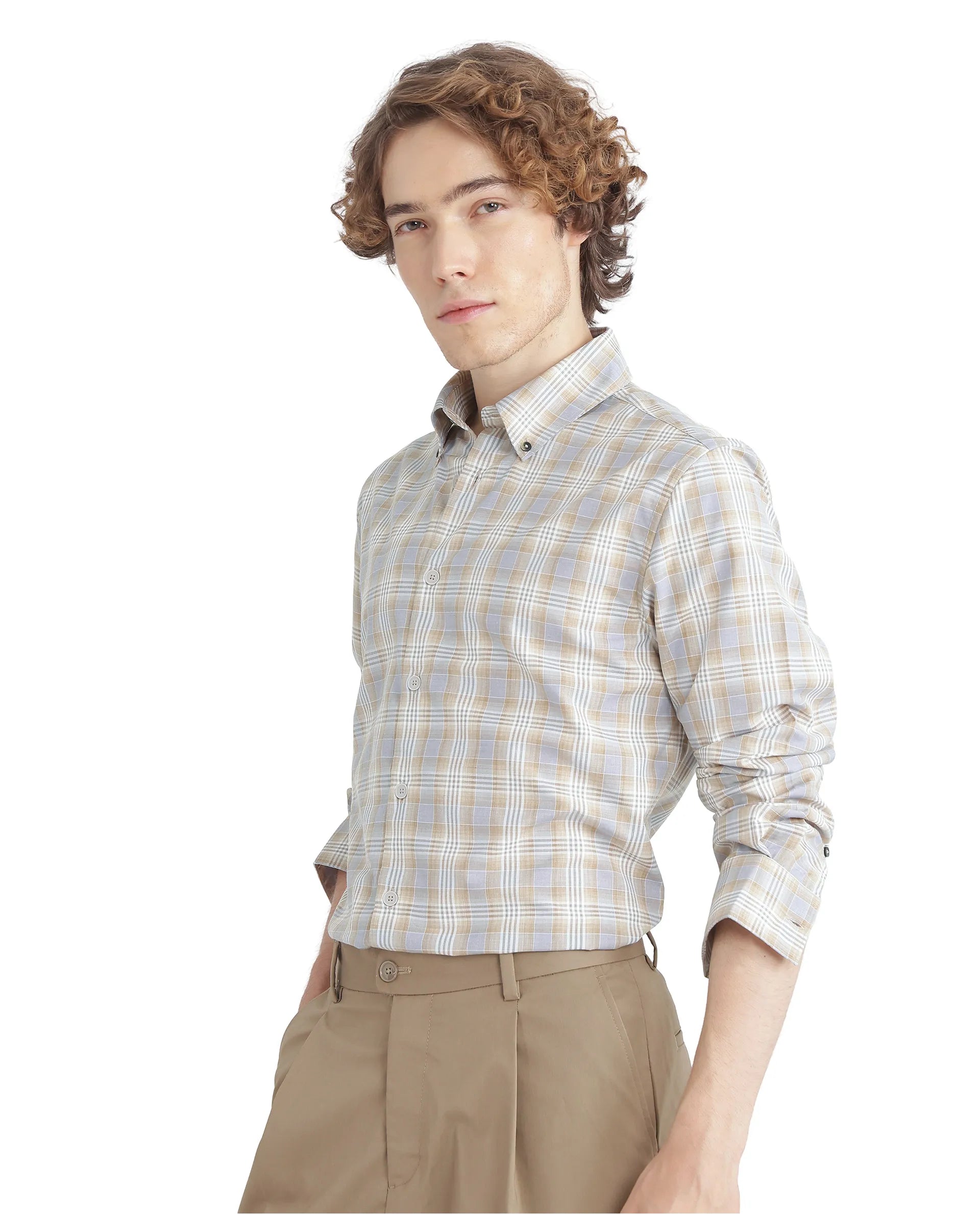 Rare Rabbit Men's Geko Pastel Mustard Cotton Fabric Full Sleeve Button Down Collar Button Closure Checked Shirt