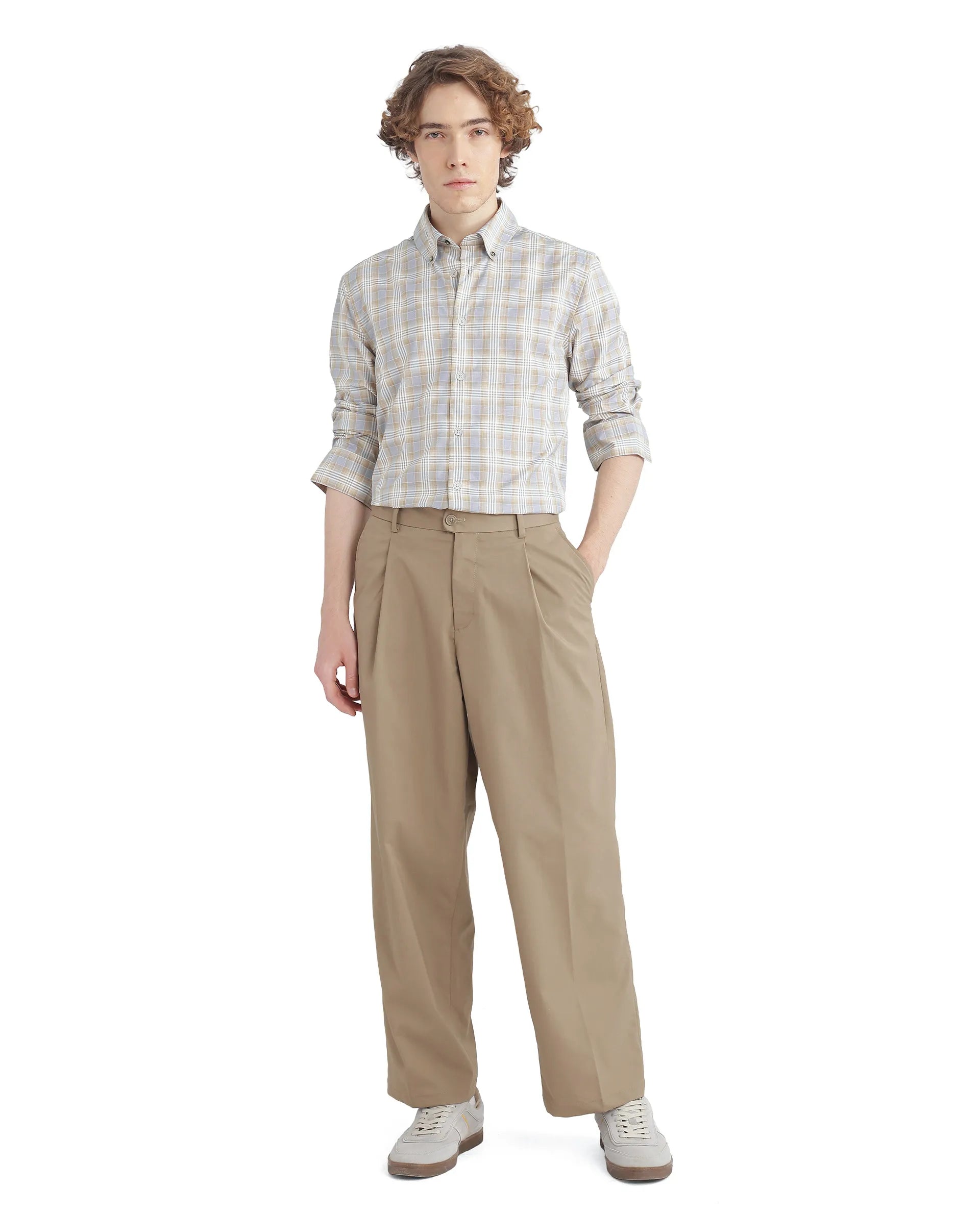 Rare Rabbit Men's Geko Pastel Mustard Cotton Fabric Full Sleeve Button Down Collar Button Closure Checked Shirt