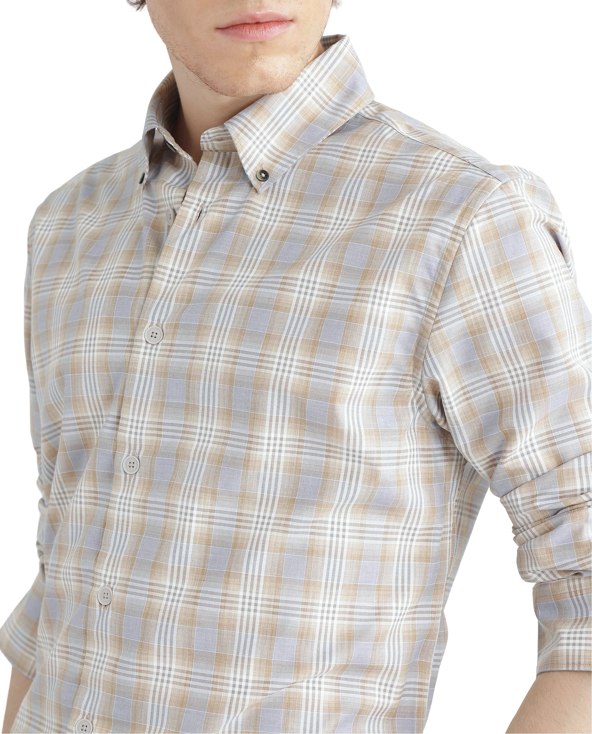 Rare Rabbit Men's Geko Pastel Mustard Cotton Fabric Full Sleeve Button Down Collar Button Closure Checked Shirt