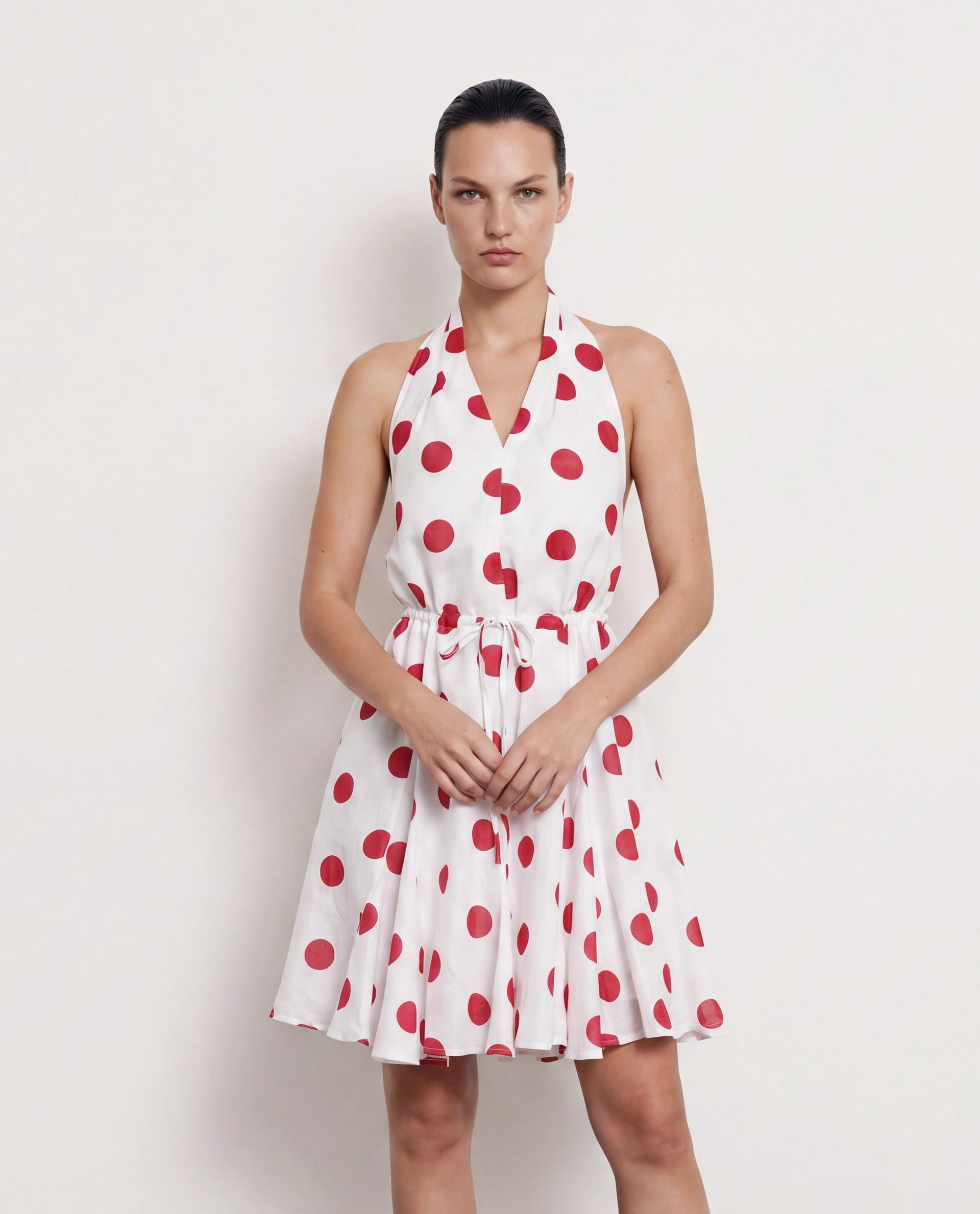 Rareism Women's Gela Red Linen Halter Neck Polka Print Sleeveless Mini Fit And Flare Dress