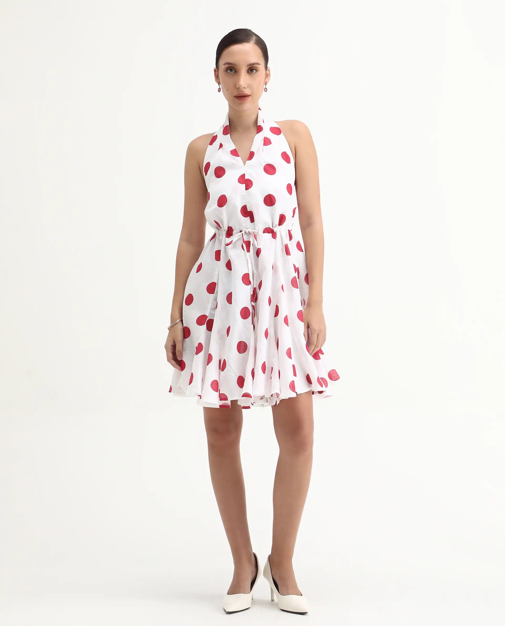 Rareism Women's Gela Red Linen Halter Neck Polka Print Sleeveless Mini Fit And Flare Dress