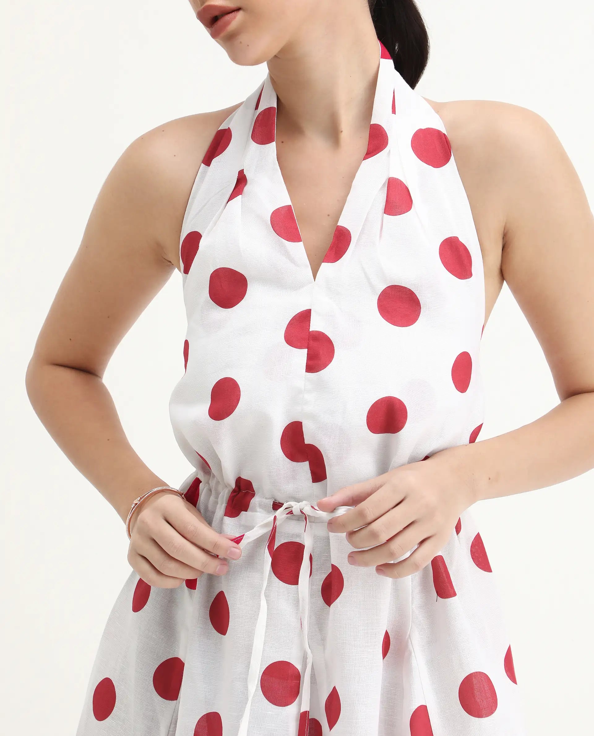 Rareism Women's Gela Red Linen Halter Neck Polka Print Sleeveless Mini Fit And Flare Dress