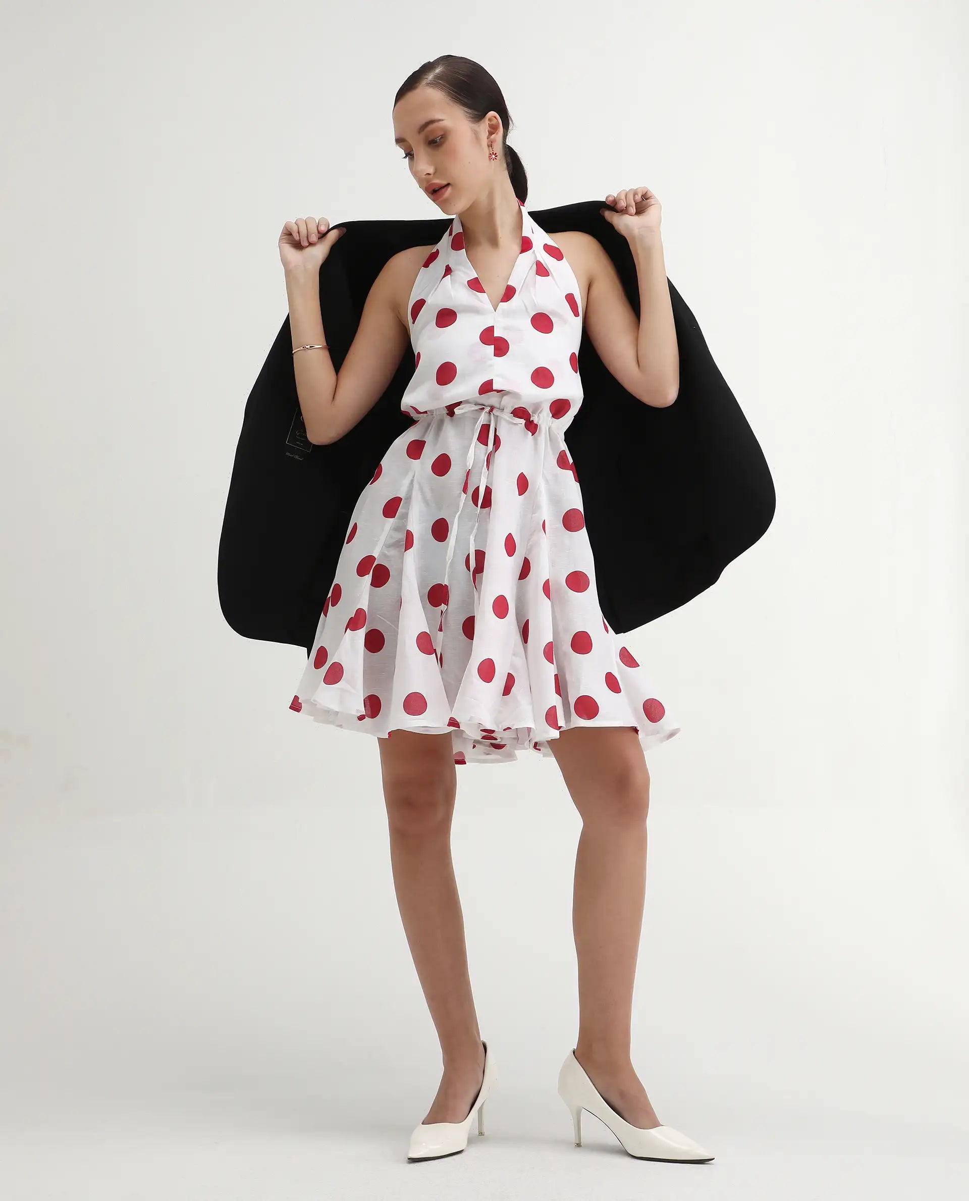 Rareism Women's Gela Red Linen Halter Neck Polka Print Sleeveless Mini Fit And Flare Dress