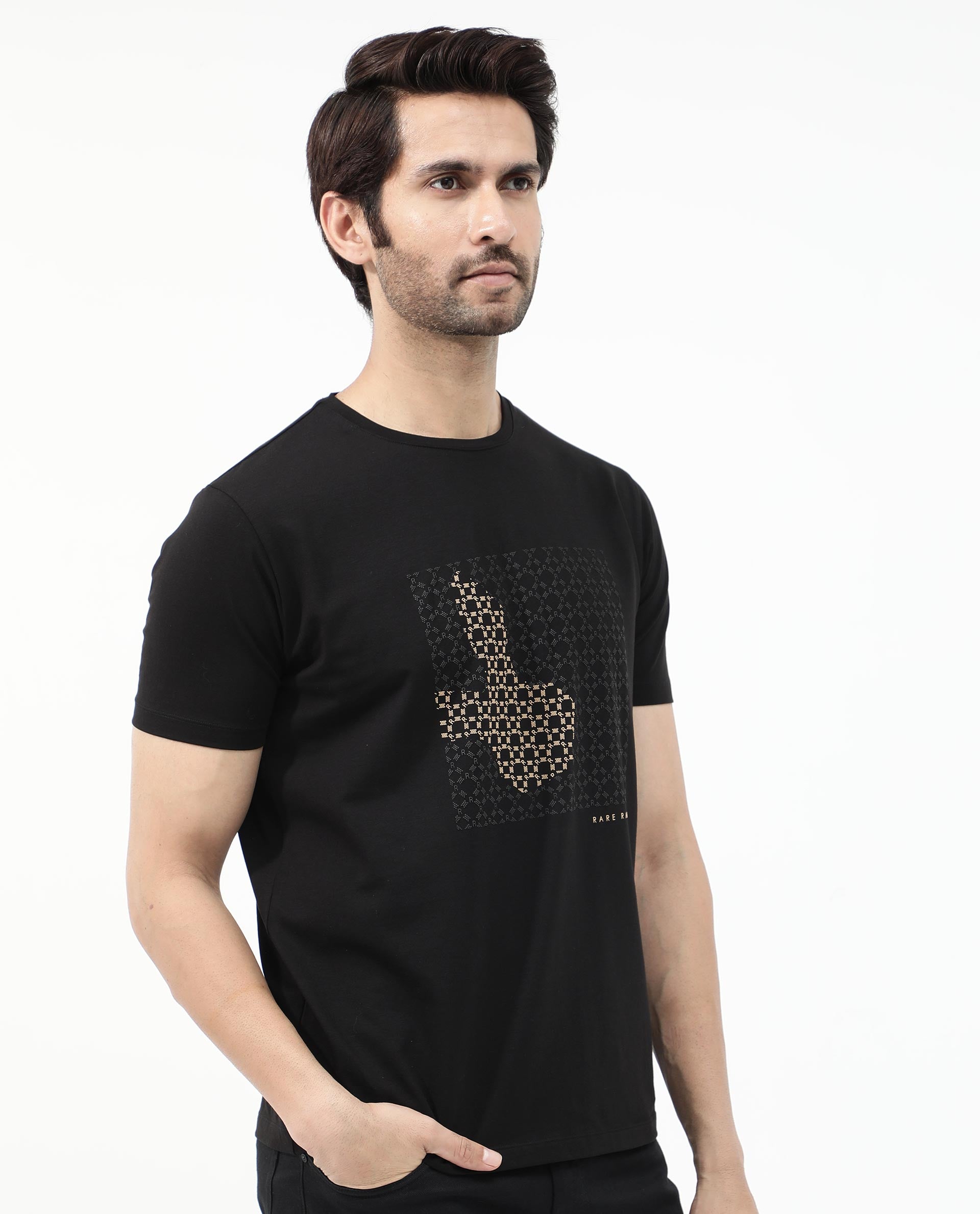 Rare Rabbit Articale Mens Gene Black Cotton Polyester Fabric Short Sleeve Crew Neck Regular Fit Graphic Printed Monogram Logo T-Shirt