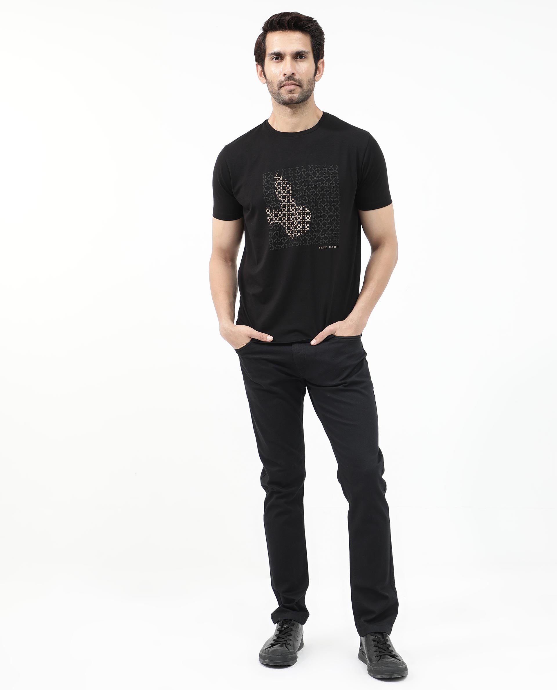 Rare Rabbit Articale Mens Gene Black Cotton Polyester Fabric Short Sleeve Crew Neck Regular Fit Graphic Printed Monogram Logo T-Shirt