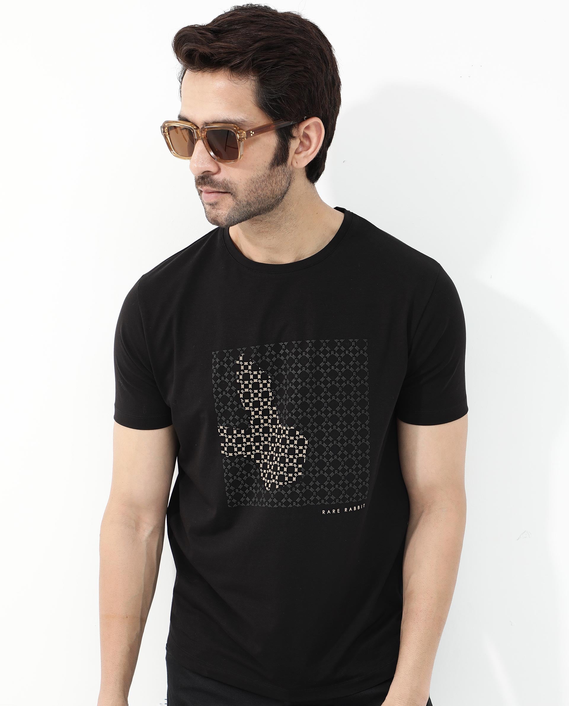 Rare Rabbit Articale Mens Gene Black Cotton Polyester Fabric Short Sleeve Crew Neck Regular Fit Graphic Printed Monogram Logo T-Shirt