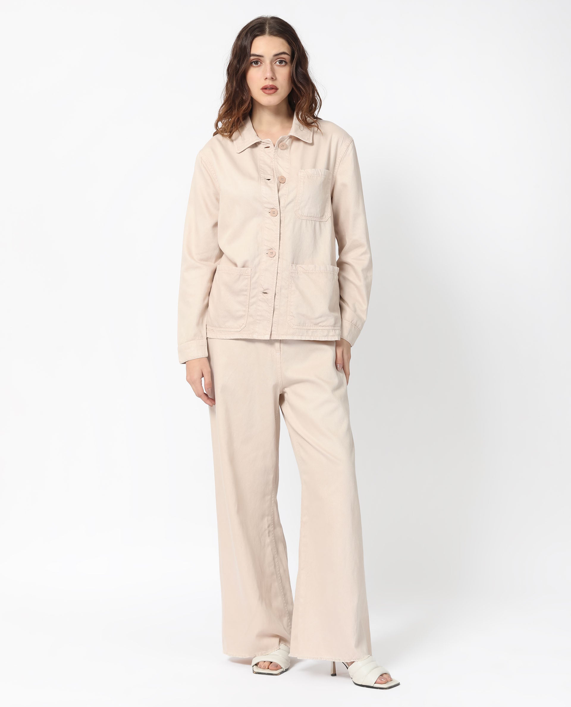 Rareism Women Genesis Beige Tencel Fabric Full Sleeves Solid Shirt Collar Jacket