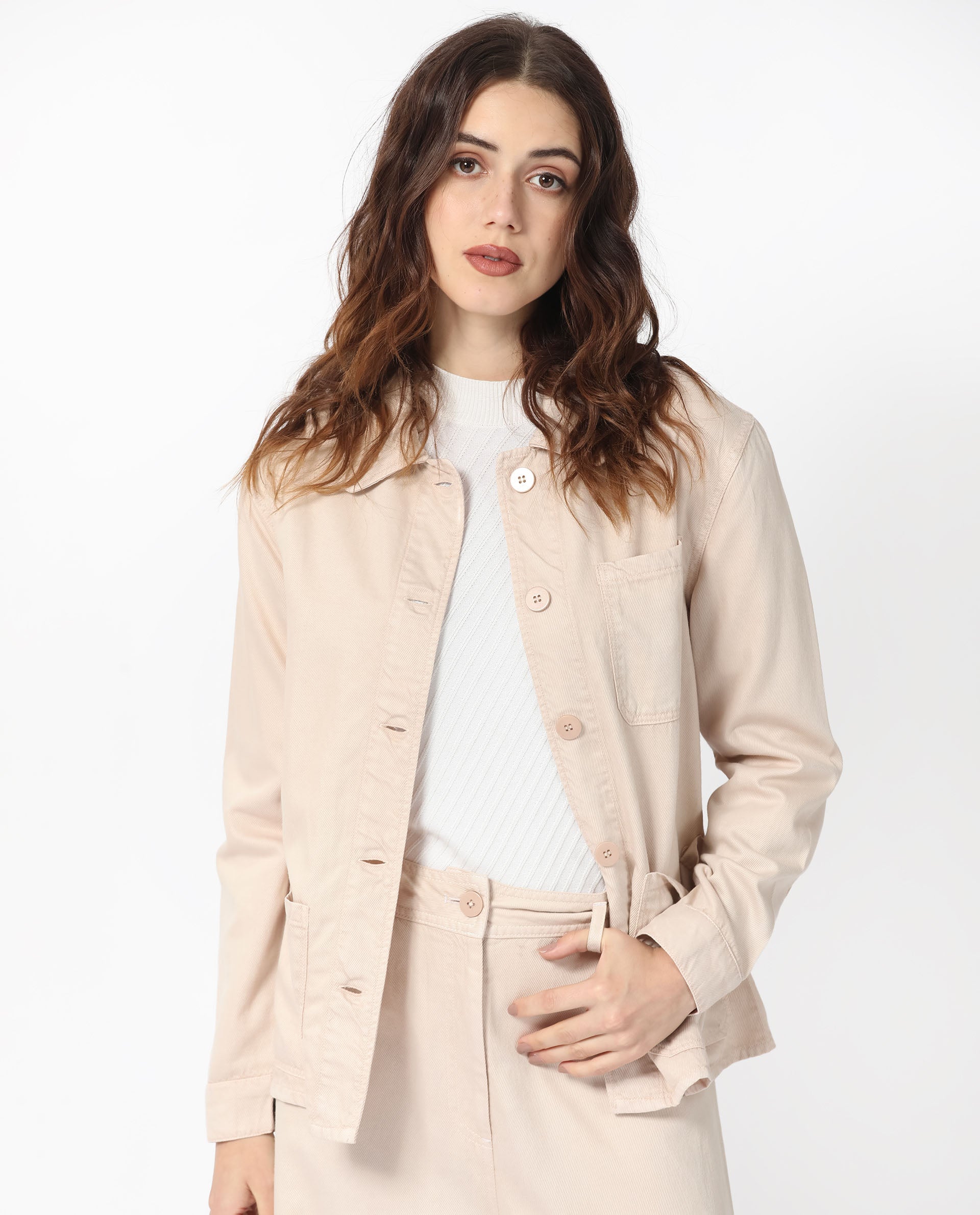 Rareism Women Genesis Beige Tencel Fabric Full Sleeves Solid Shirt Collar Jacket