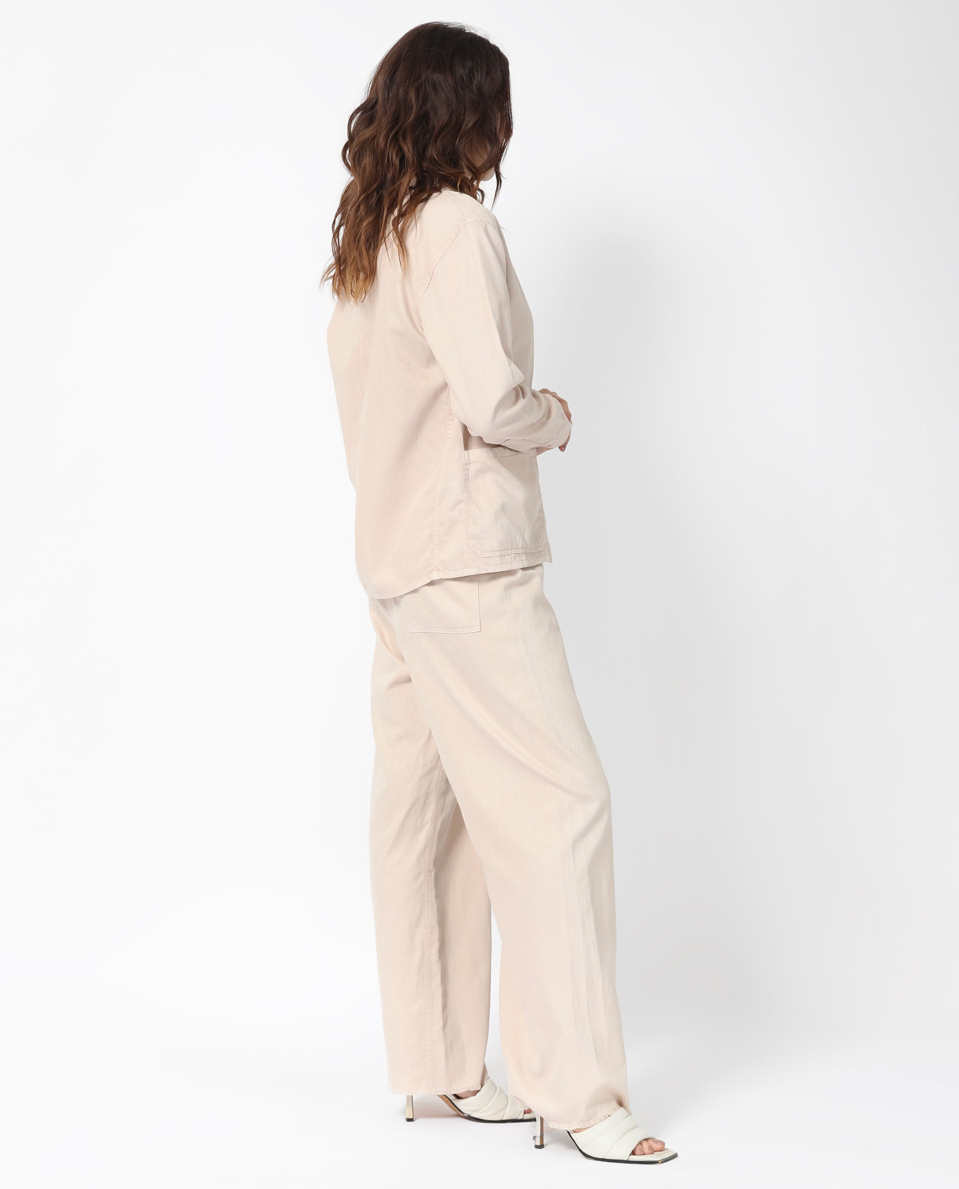 Rareism Women Genesis Beige Tencel Fabric Full Sleeves Solid Shirt Collar Jacket