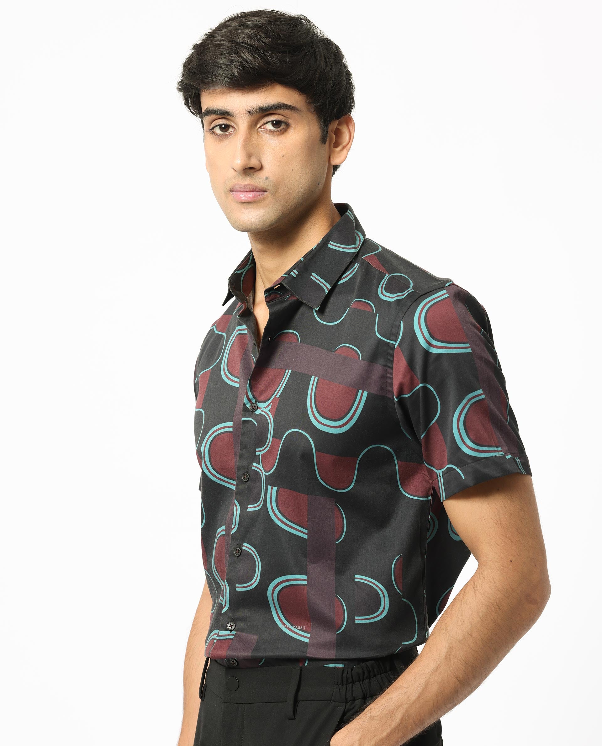 Rare Rabbit Men's Geos Brown Modal Fabric Regular Fit Geometric Print Half Sleeves Shirt