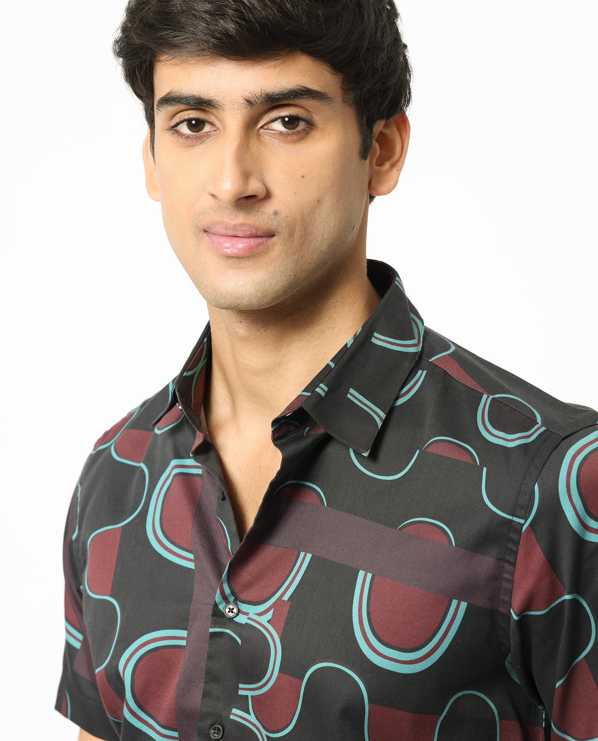 Rare Rabbit Men's Geos Brown Modal Fabric Regular Fit Geometric Print Half Sleeves Shirt