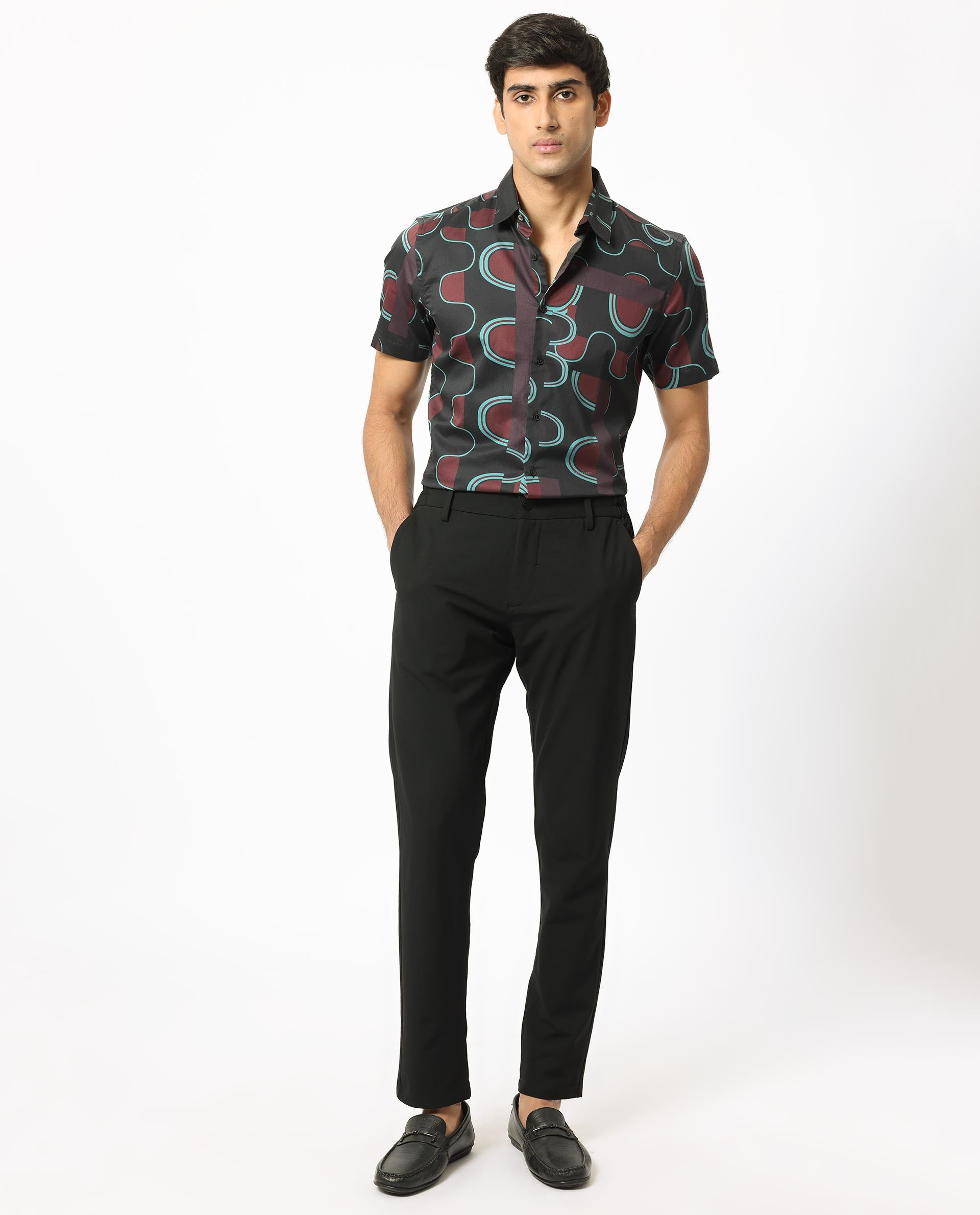 Rare Rabbit Men's Geos Brown Modal Fabric Regular Fit Geometric Print Half Sleeves Shirt