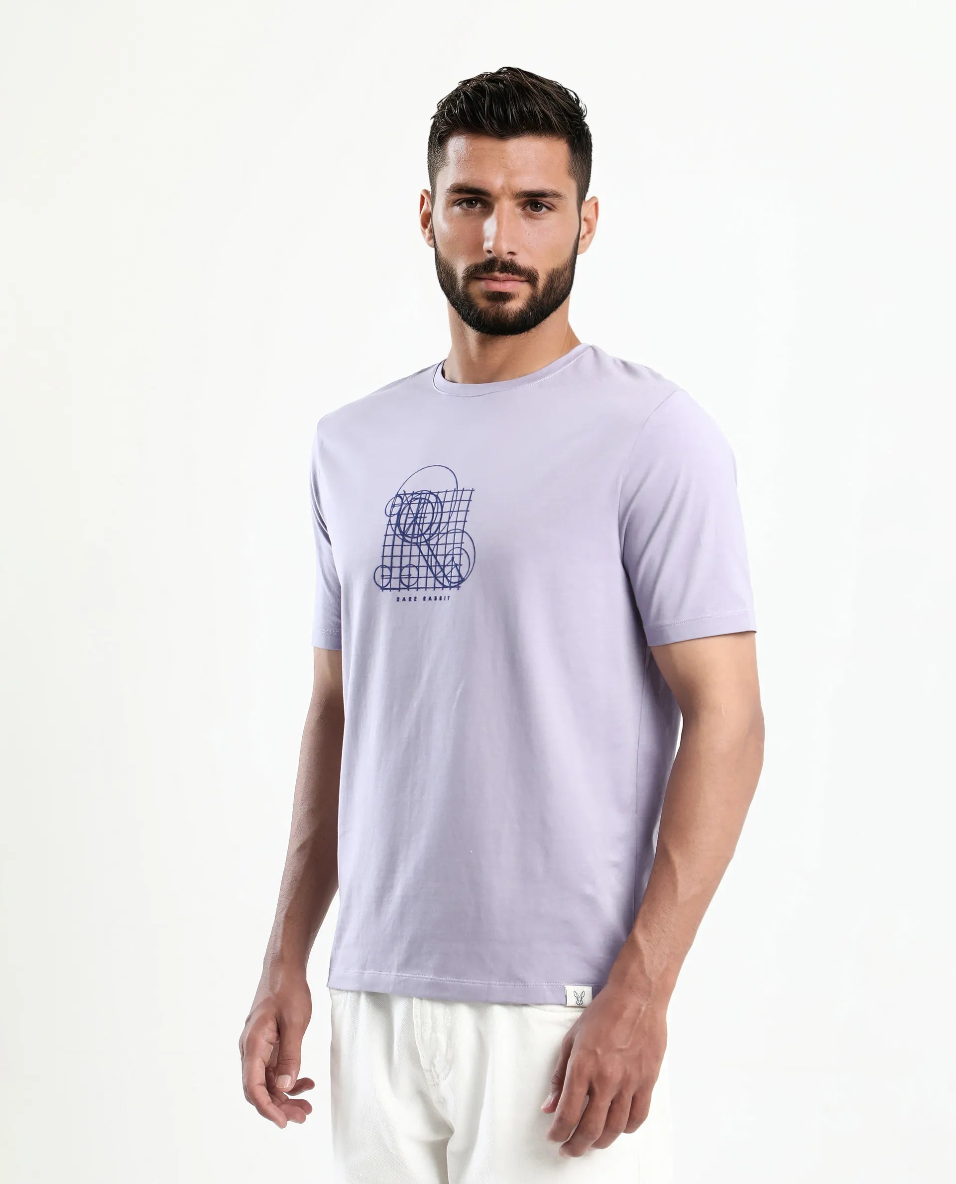 Rare Rabbit Men's Geom Dusky Purple Cotton Blend Graphic Print Regular Fit Half Sleeve Crew Neck T-Shirt