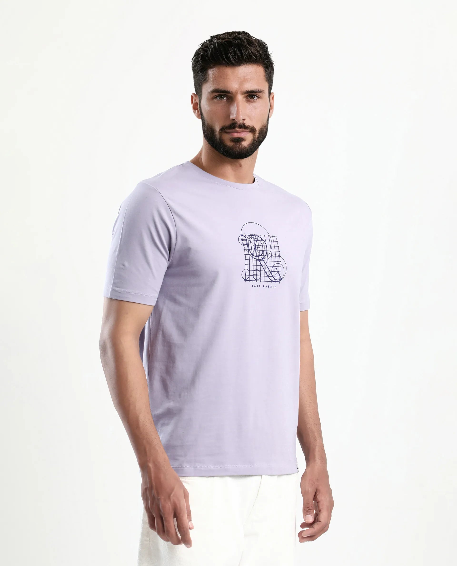 Rare Rabbit Men's Geom Dusky Purple Cotton Blend Graphic Print Regular Fit Half Sleeve Crew Neck T-Shirt