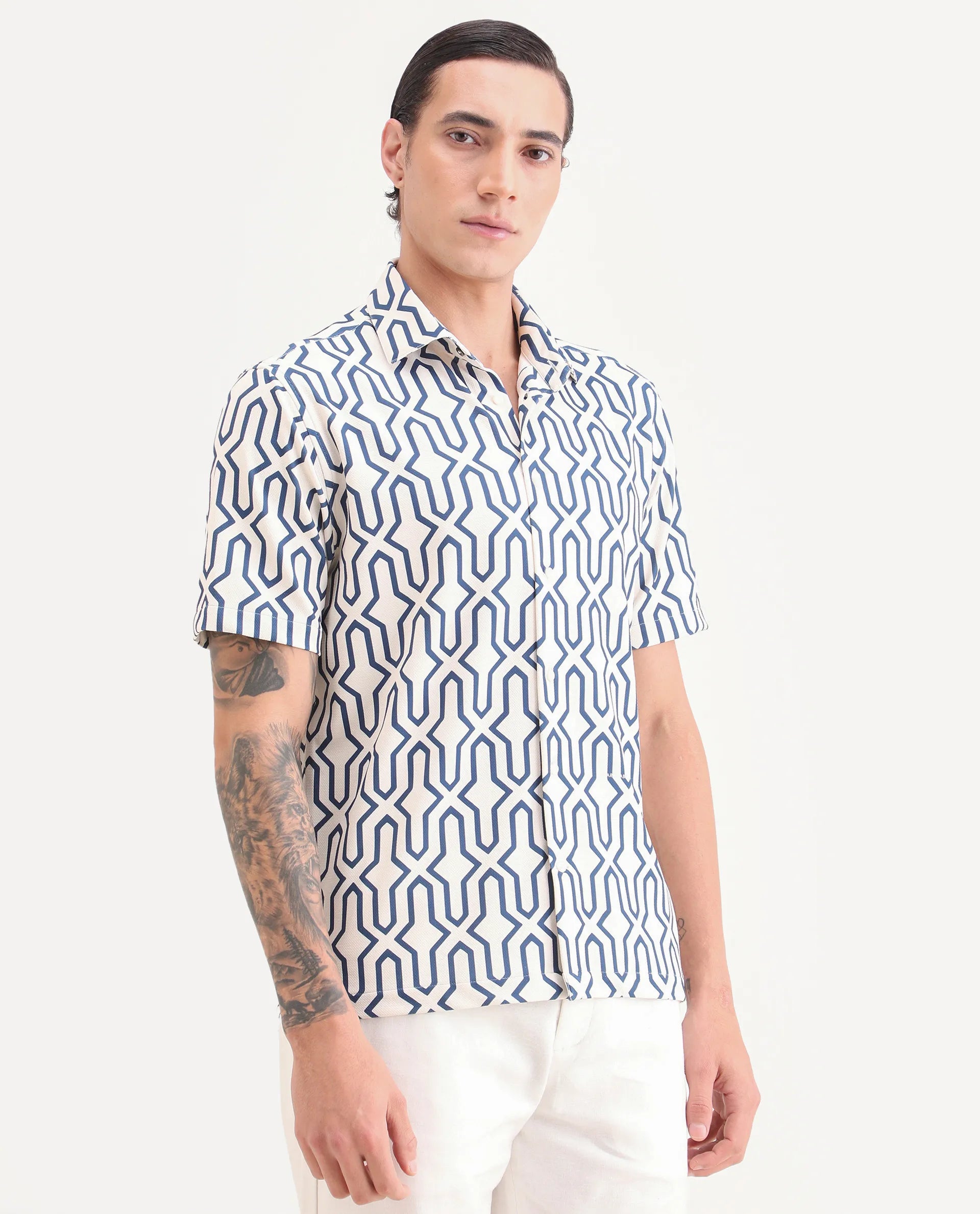 Rare Rabbit Men's Geomex Light Off White Polyester Blend Fabric Half Sleeve Spread Collar Regular Fit Geometric Print Shirt