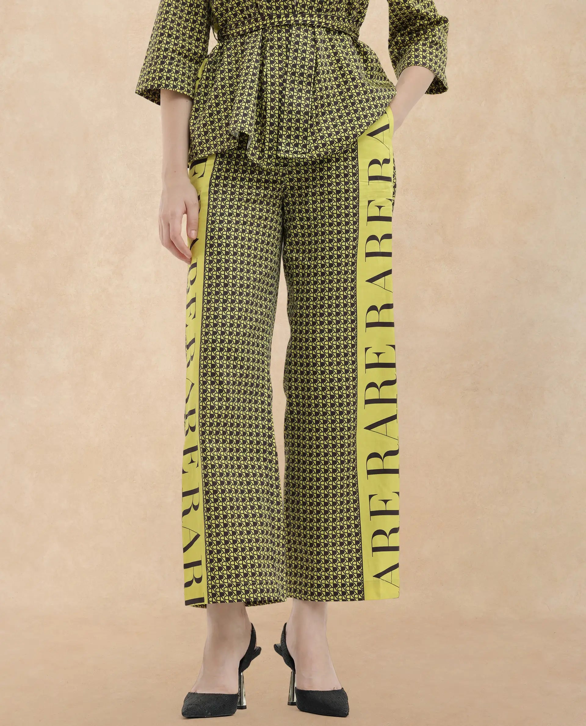 Rareism Women Geomo-B Yellow Cotton Blend Fabric Straight Fit Monogram Ankle Length Trousers