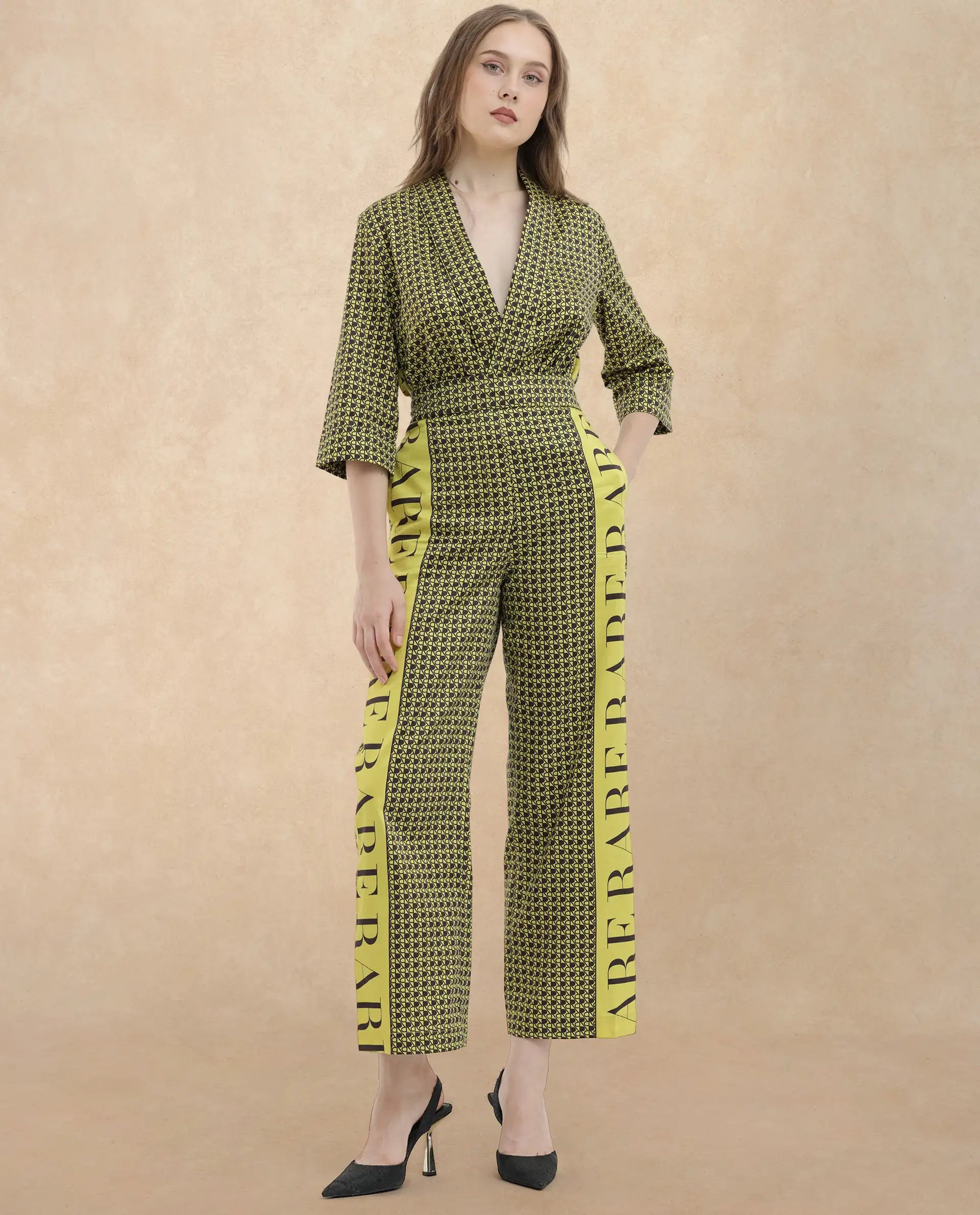 Rareism Women Geomo-B Yellow Cotton Blend Fabric Straight Fit Monogram Ankle Length Trousers